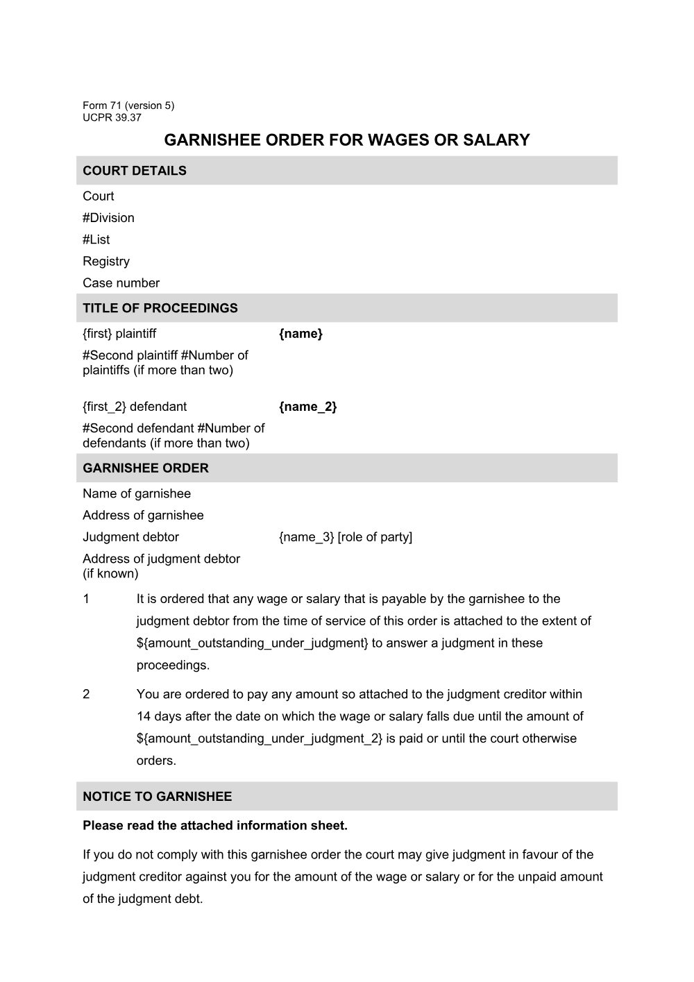 Preview of the first page of Garnishee order for wages or salary (Form 71)