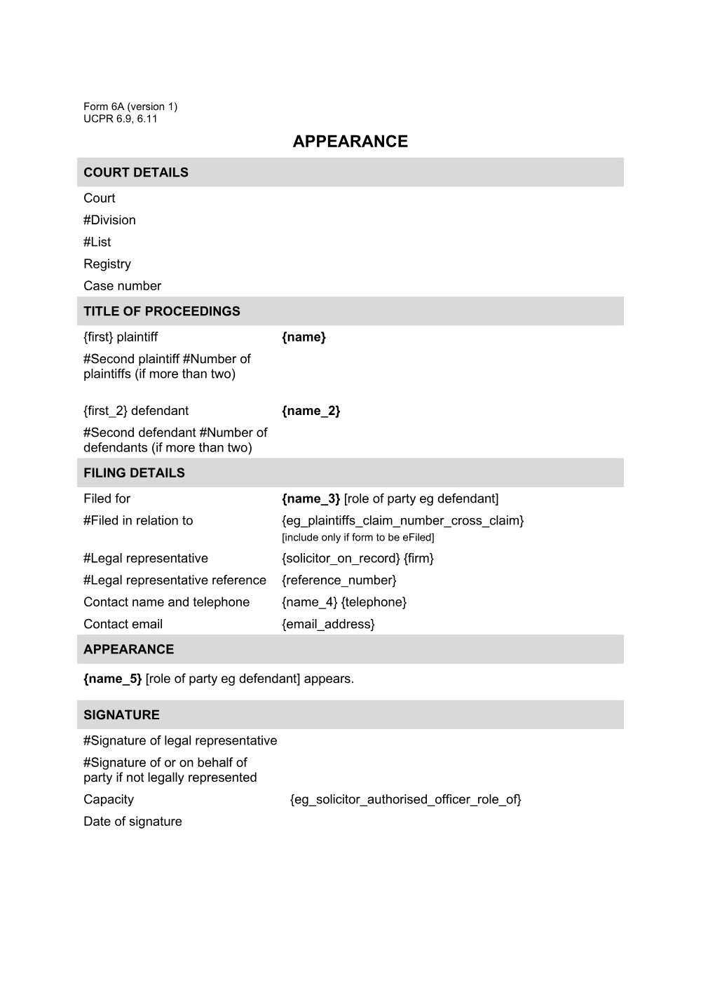 Preview of the first page of Appearance (Form 6A)