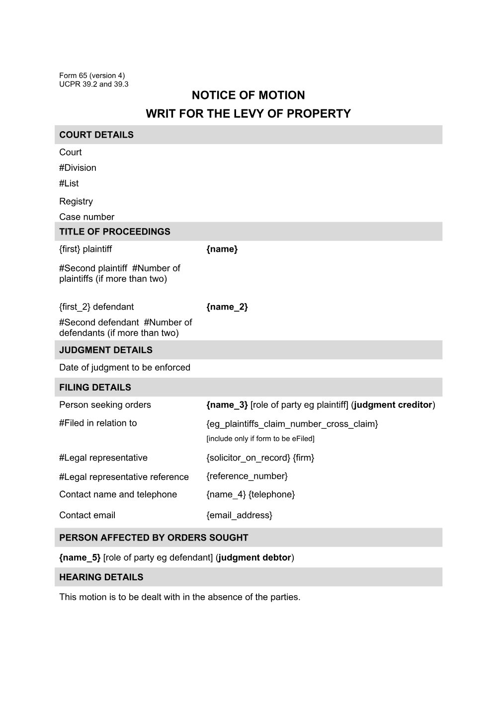 Preview of the first page of Notice of motion - writ for the levy of property (Form 65)