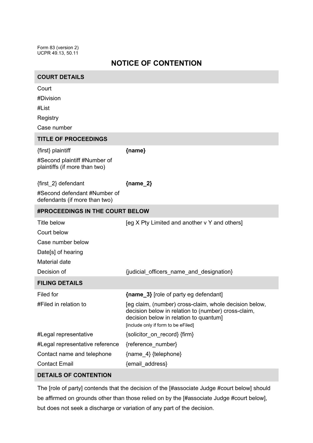 Preview of the first page of Notice of contention (Parts 49 or 50) (Form 83)