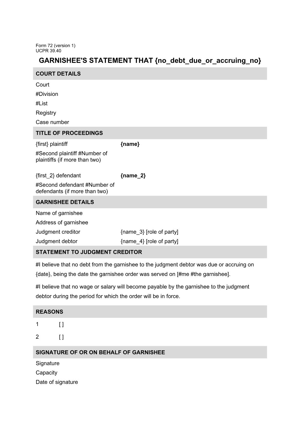 Preview of the first page of Garnishee's statement that no debt due or accruing or no wage or salary payable (Form 72)