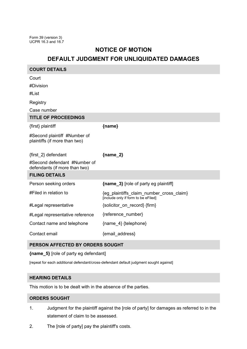 Preview of the first page of Notice of motion - default judgment for unliquidated damages (Form 39)