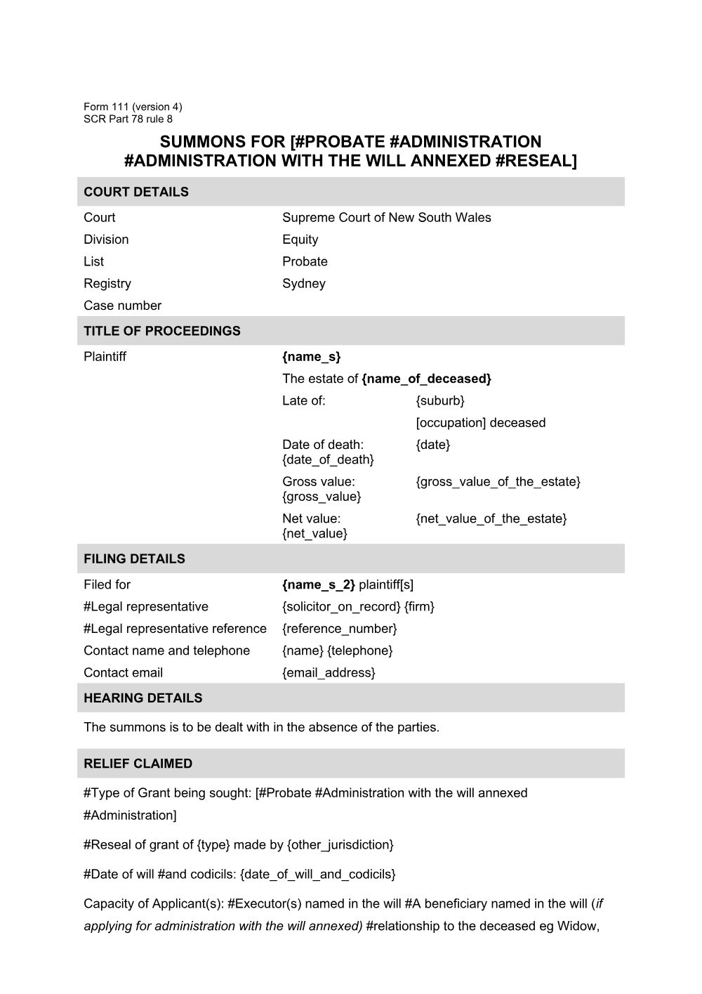 Preview of the first page of Summons for probate, administration, administration with the will annexed or reseal (Form 111)