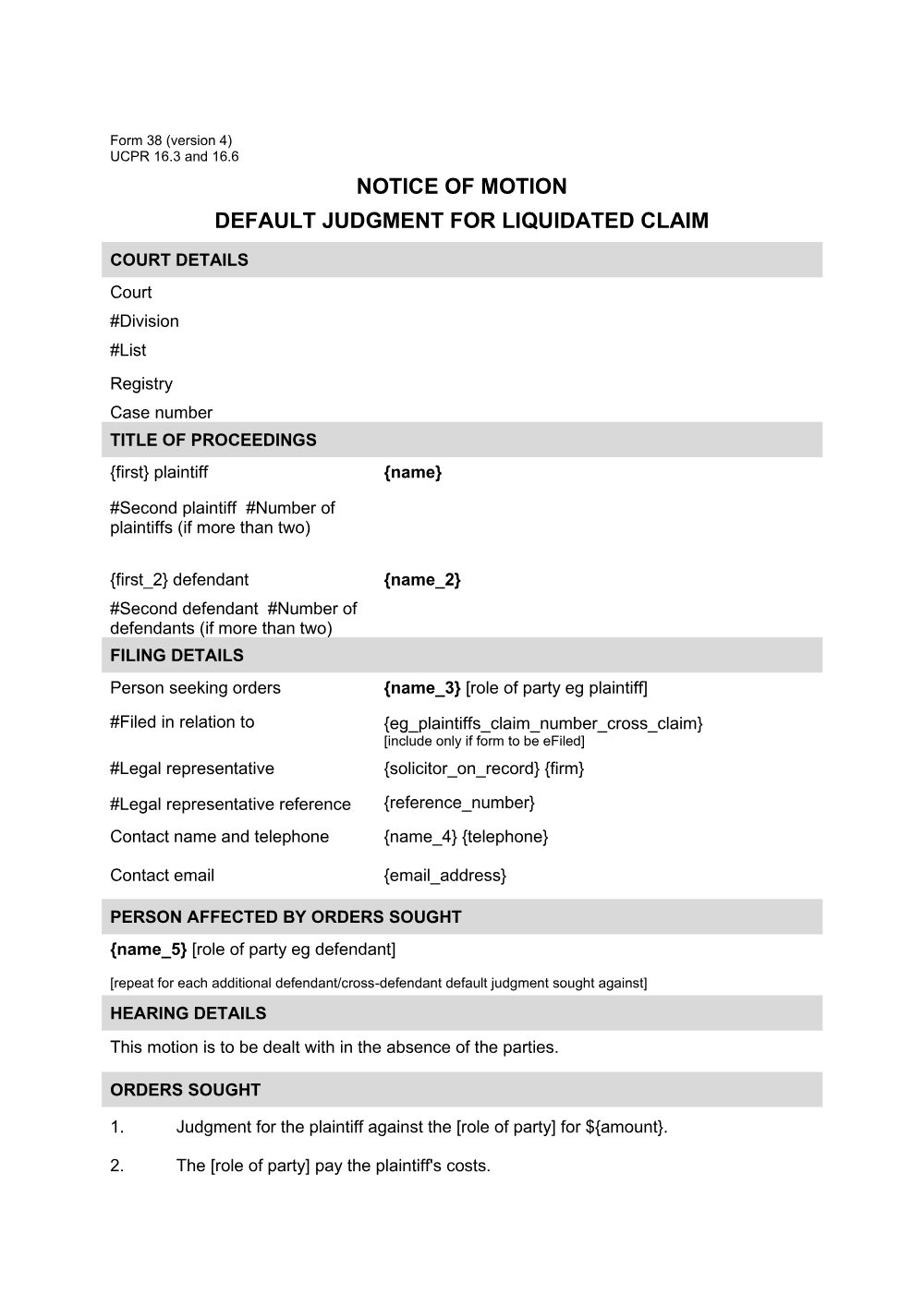 Preview of the first page of Notice of motion - default judgment for liquidated claim (Form 38)