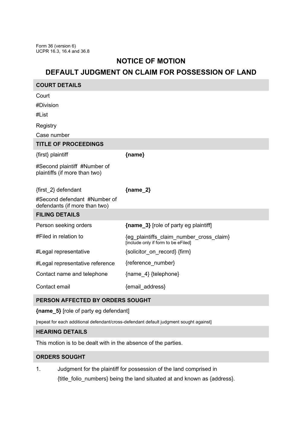 Preview of the first page of Notice of motion - default judgment on claim for possession of land (Form 36)