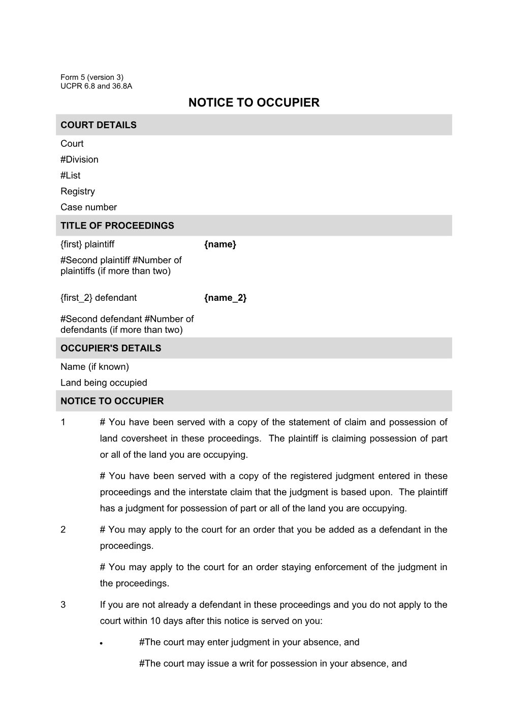 Preview of the first page of Notice to Occupier (Form 5)