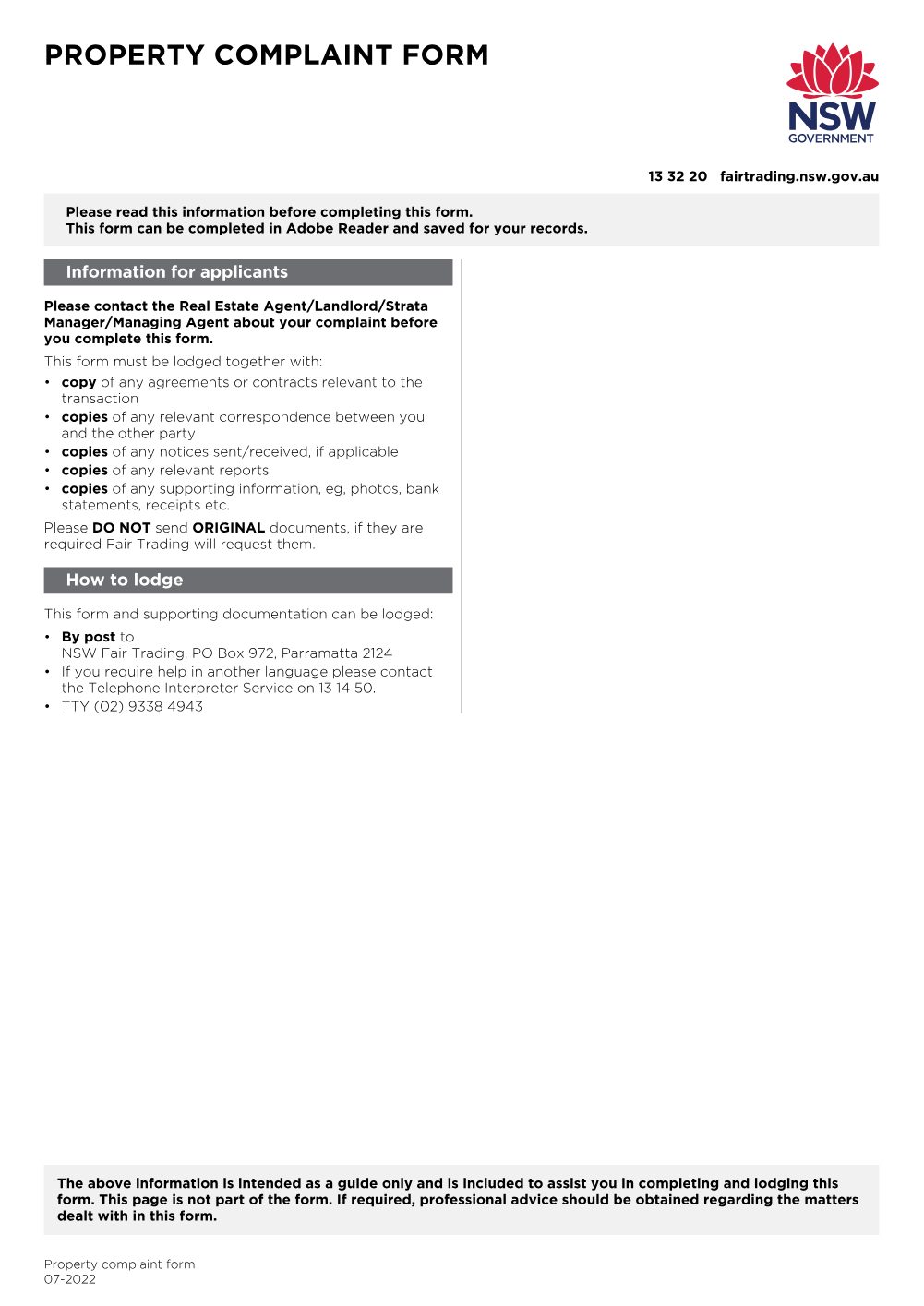 Preview of the first page of Property complaint form