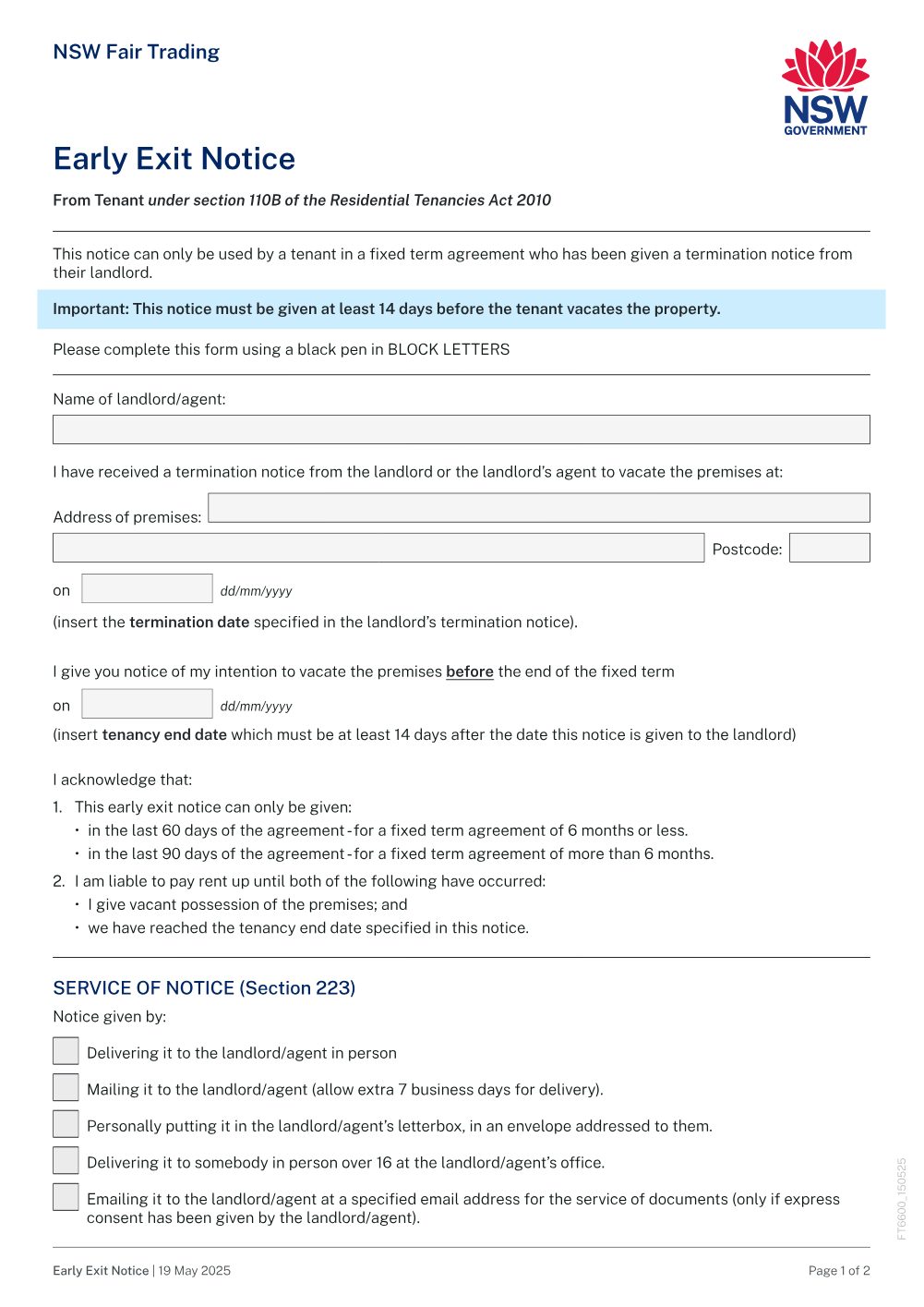Preview of the first page of Early exit notice form