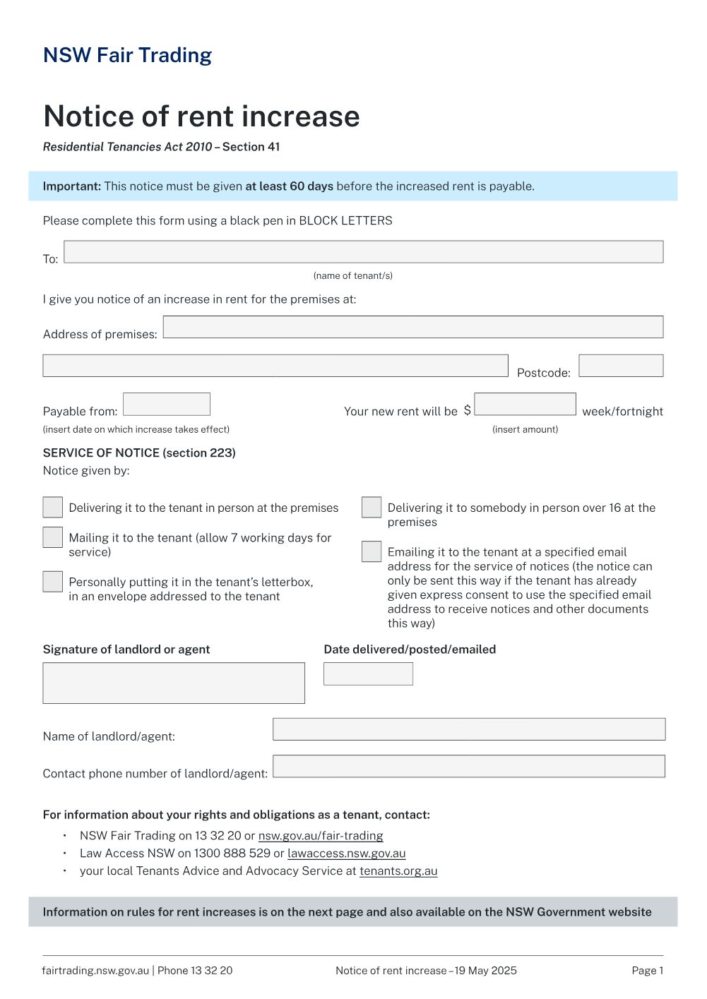 Preview of the first page of Notice of rent increase