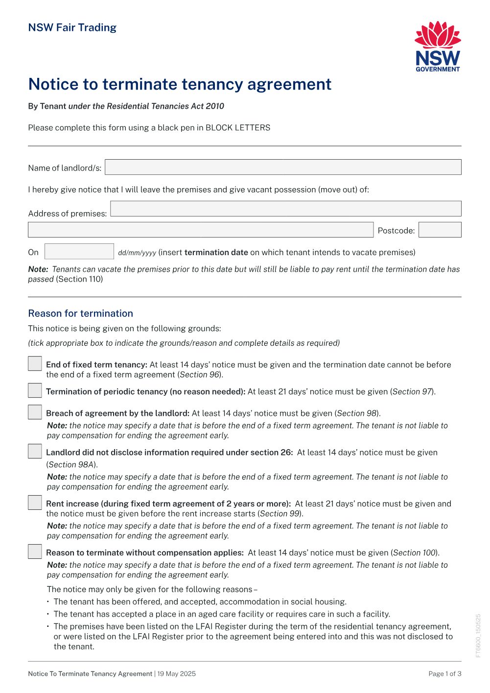 Preview of the first page of Notice to terminate tenancy agreement by tenant