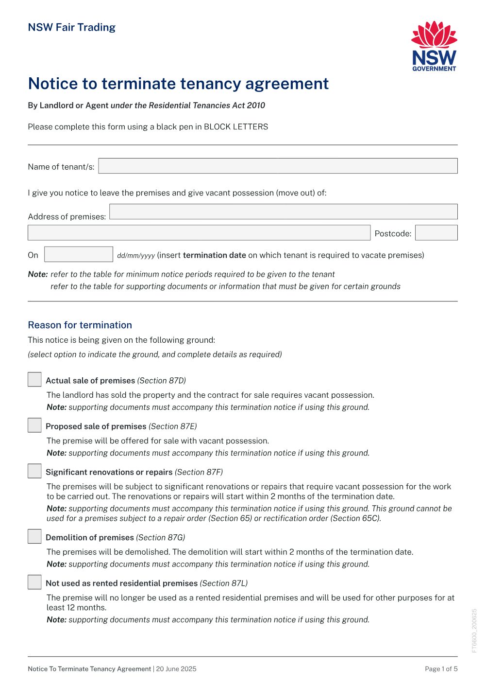 Preview of the first page of Notice to terminate tenancy agreement by landlord or agent