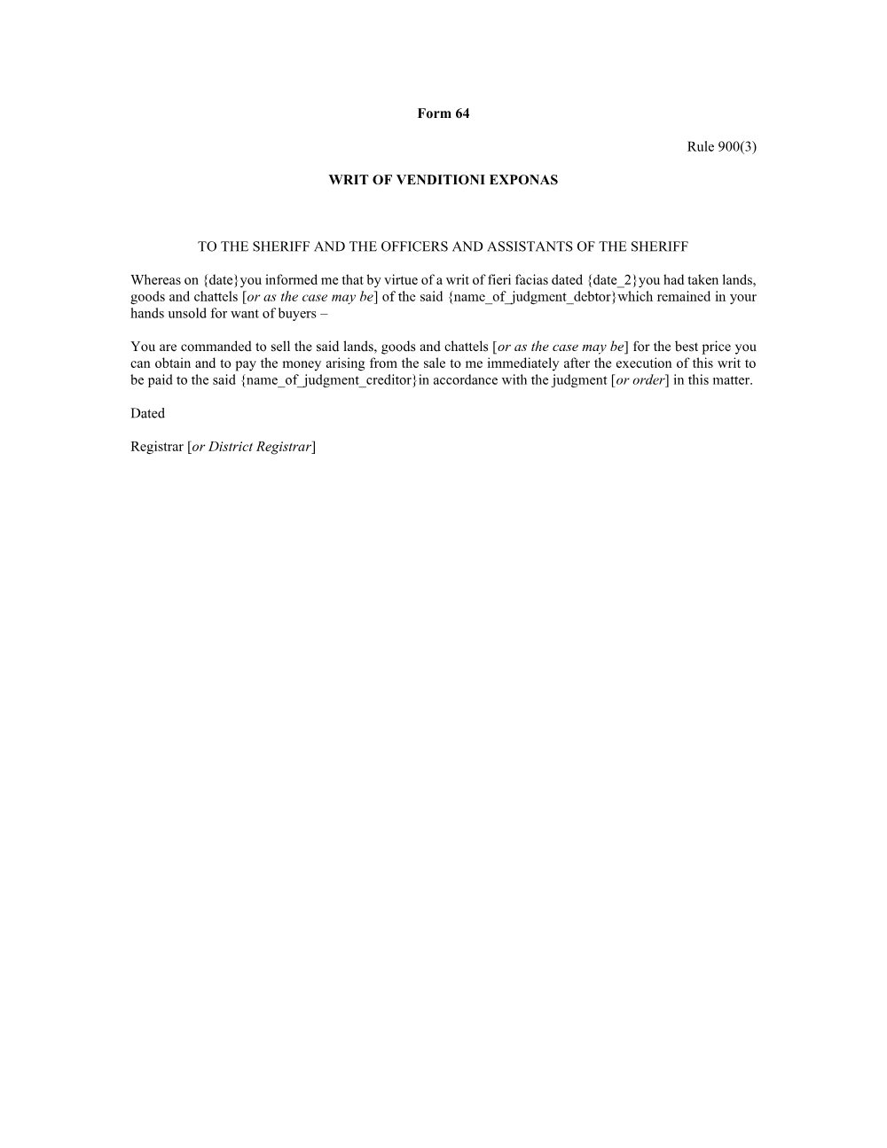 Preview of the first page of Writ of venditioni exponas (Rule 900(3)) (Form 64)