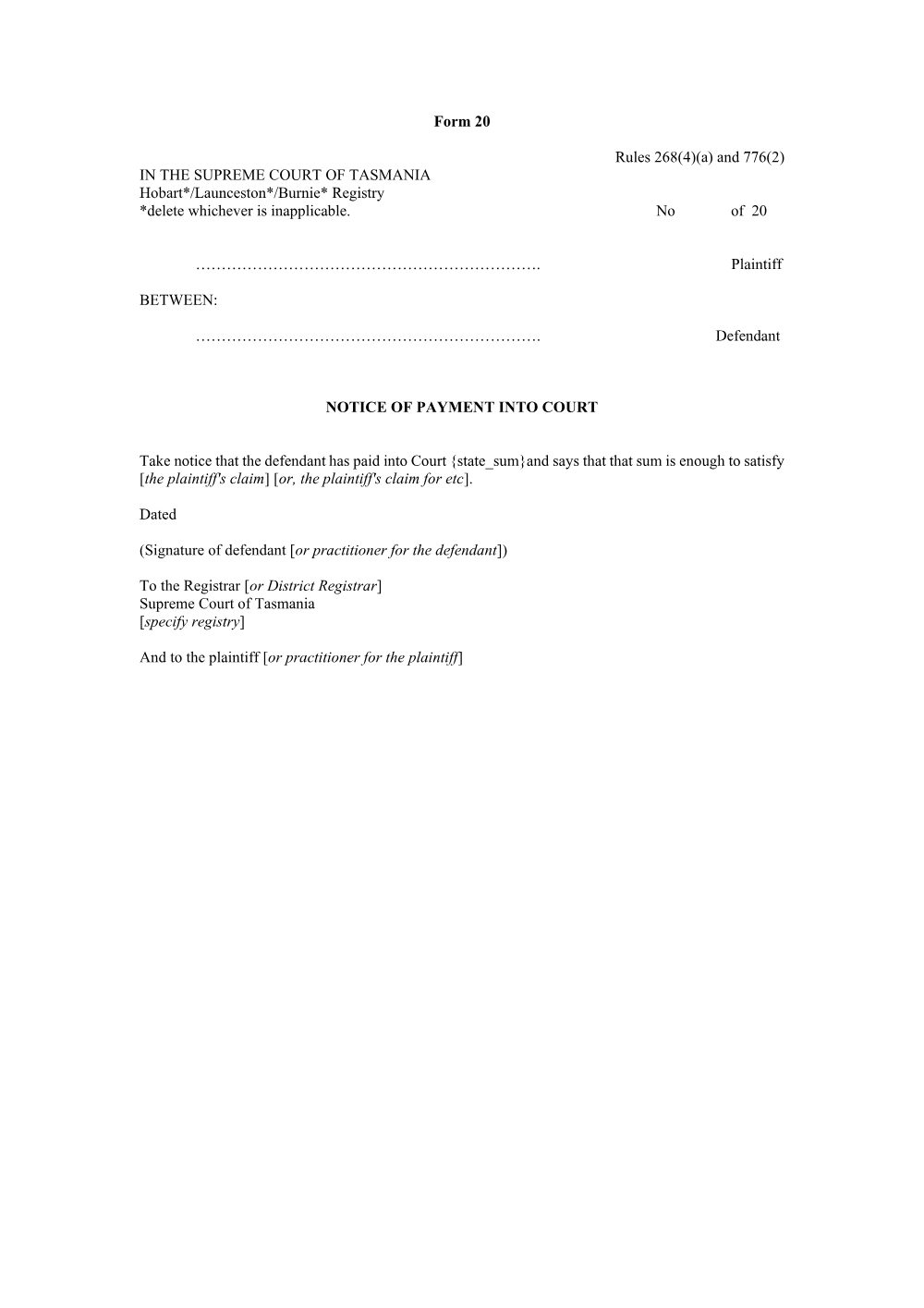 Preview of the first page of Notice of payment into court (Rules 268(4)(a) and 776(2)) (Form 20)