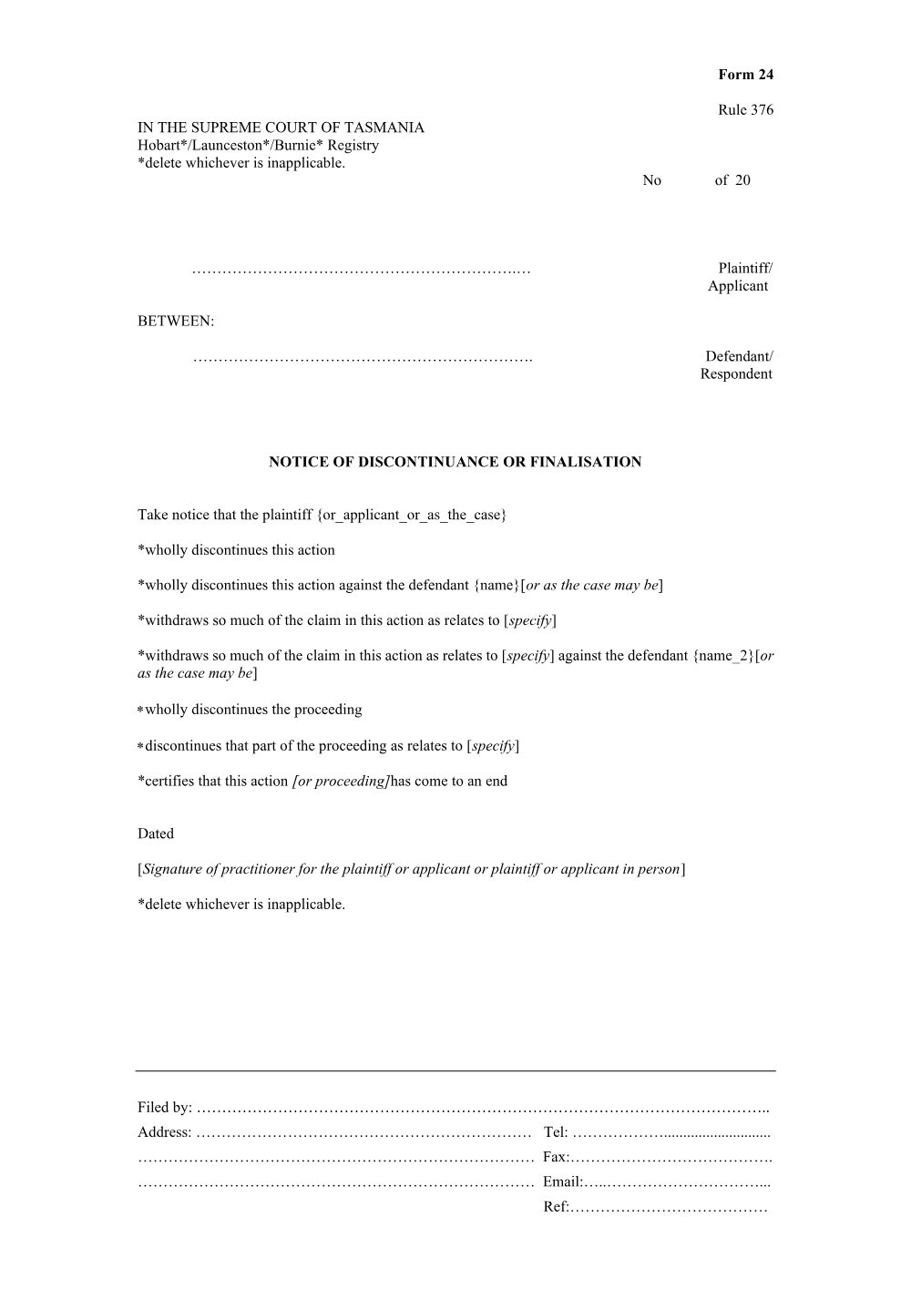 Preview of the first page of Notice of discontinuance or finalisation (Form 24)