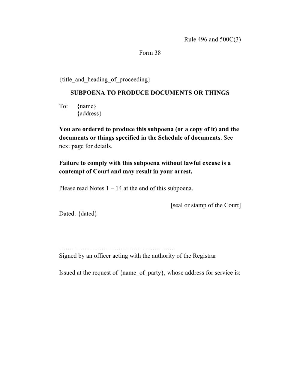 Preview of the first page of Subpoena to produce documents or things (Rule 496 and 500C(3)) (Form 38)
