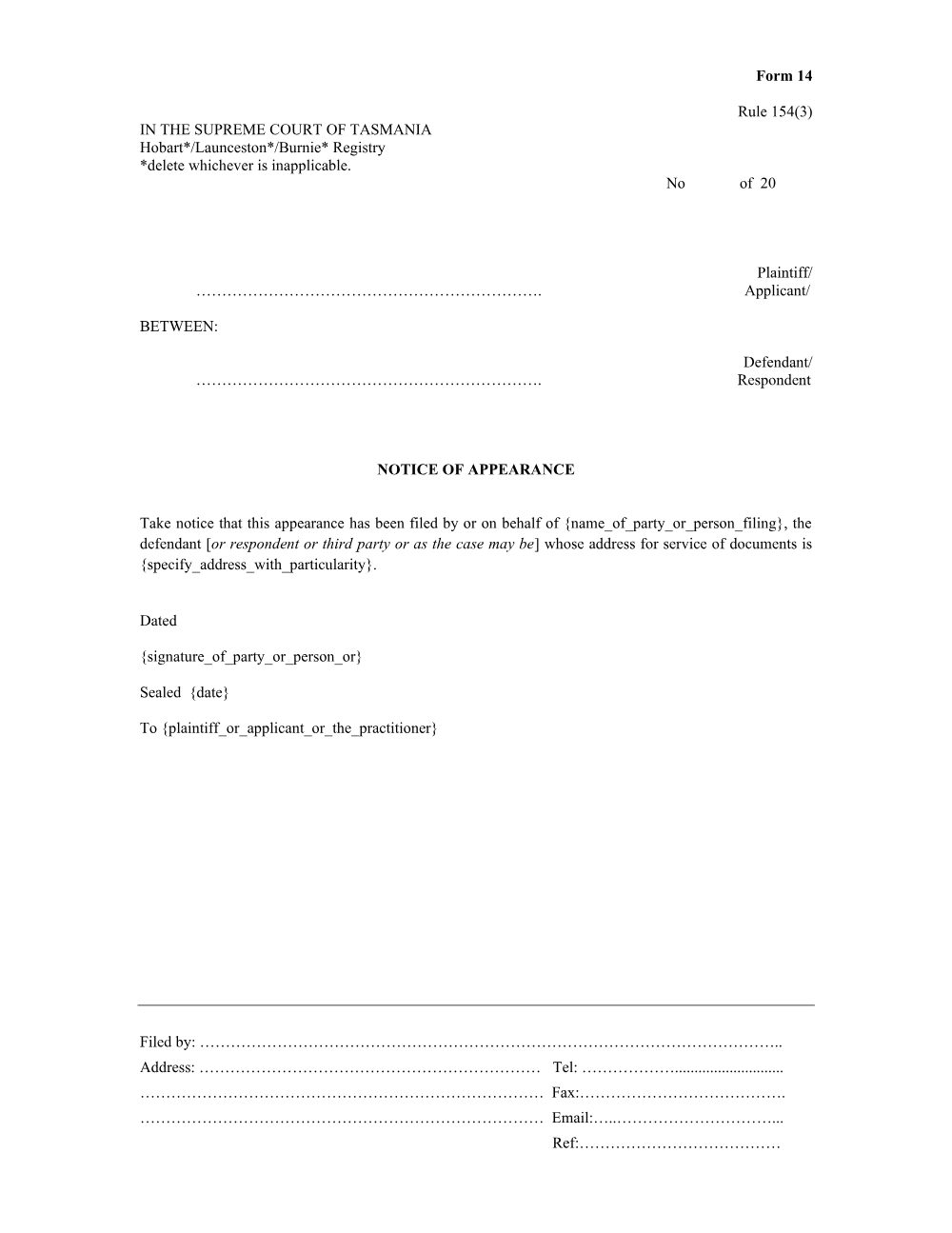 Preview of the first page of Notice of appearance (Rule 154(3)) (Form 14)