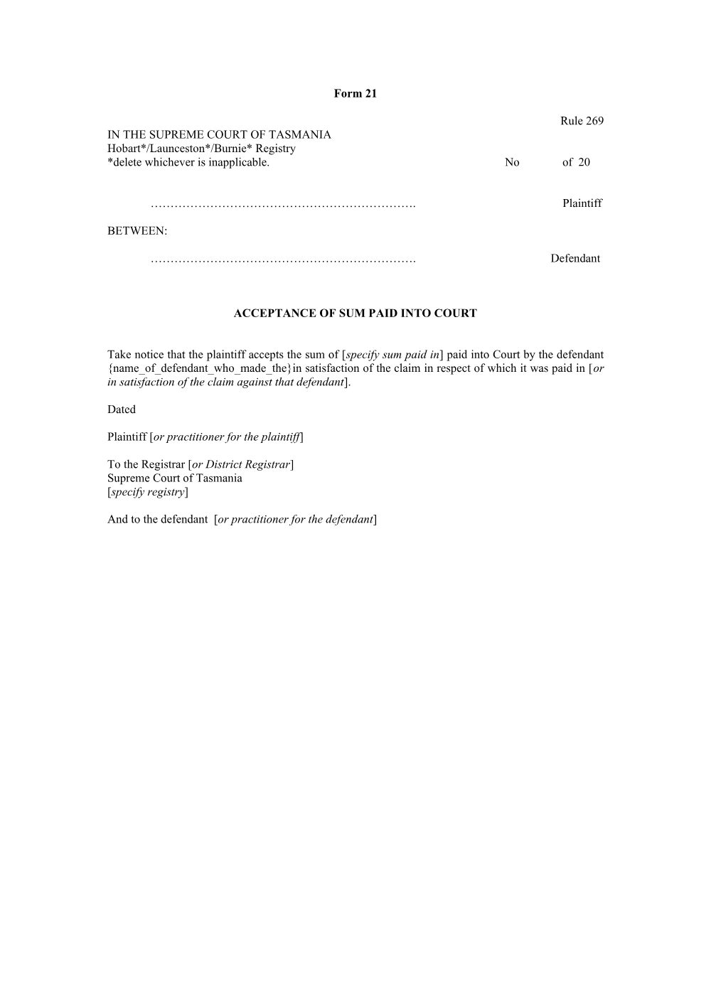 Preview of the first page of Acceptance of sum paid into court (Form 21)
