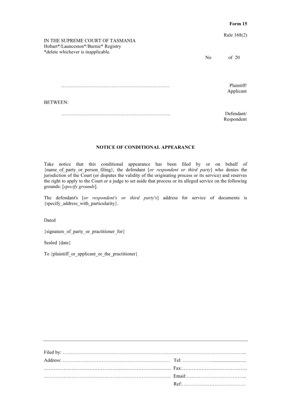 Preview of the first page of Notice of conditional appearance (Rule 168(2)) (Form 15)