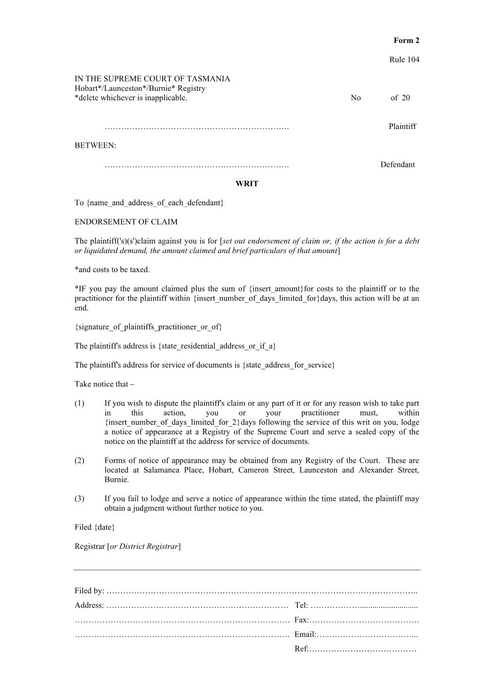Preview of the first page of Writ (Form 2)