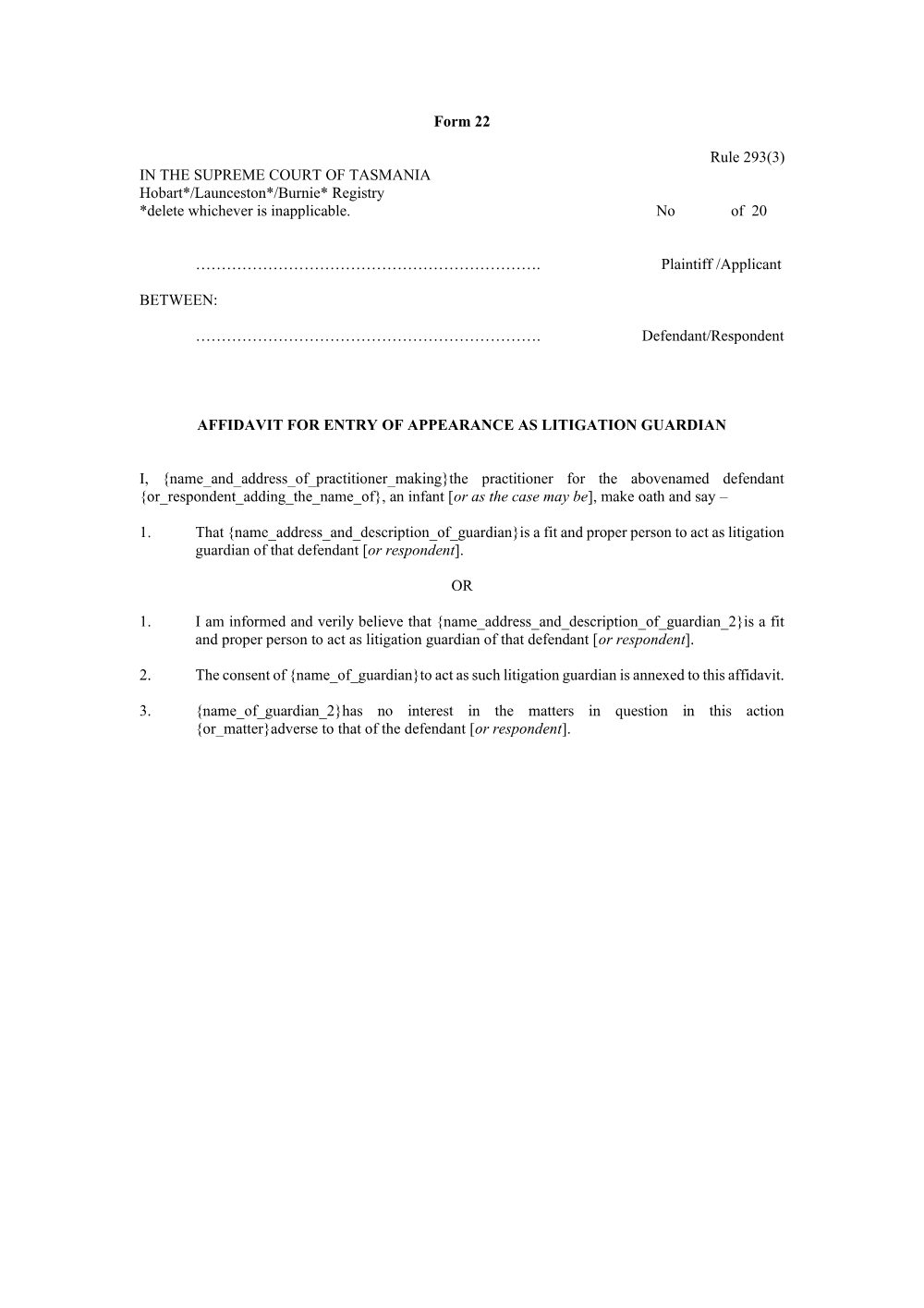 Preview of the first page of Affidavit for entry of appearance as litigation guardian (Rule 293(3)) (Form 22)