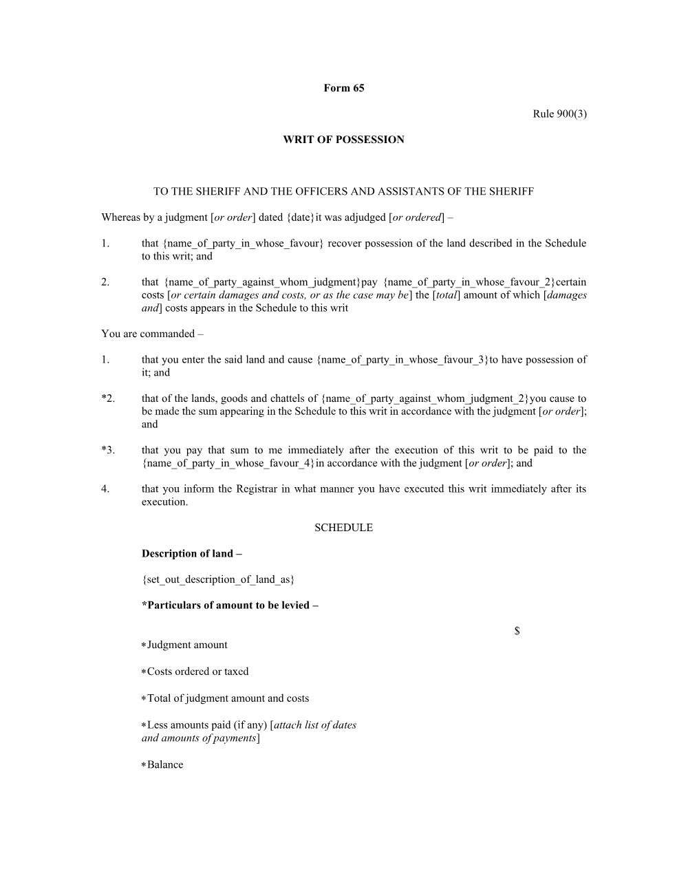 Preview of the first page of Writ of possession (Rule 900(3)) (Form 65)
