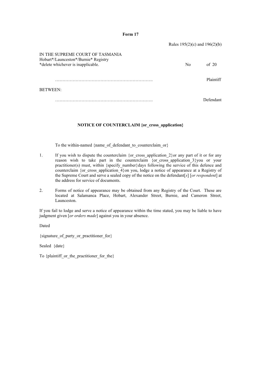 Preview of the first page of Notice of counterclaim or cross-application (Rules 195(2)(c) and 196(2)(b)) (Form 17)