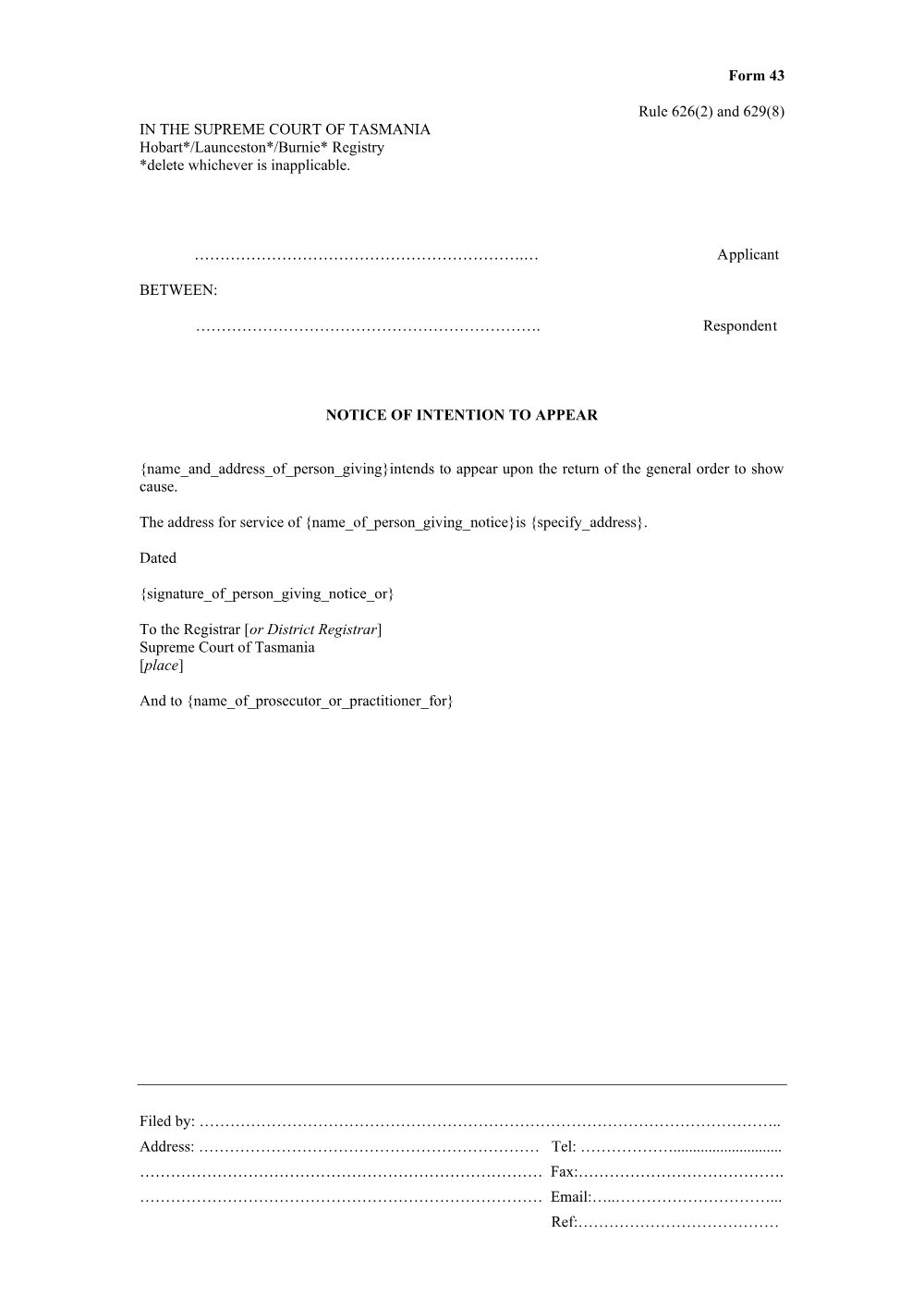 Preview of the first page of Notice of intention to appear (Rule 626(2) and 629(8)) (Form 43)