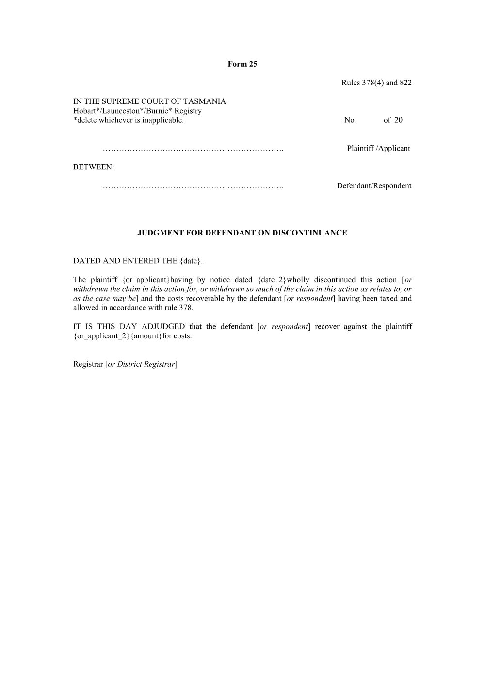 Preview of the first page of Judgment for defendant on discontinuance (Rules 378(4) and 822) (Form 25)