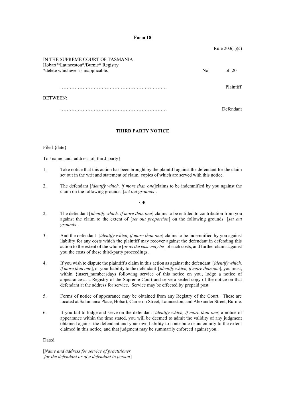 Preview of the first page of Third party notice (Rule 203(1)(c)) (Form 18)