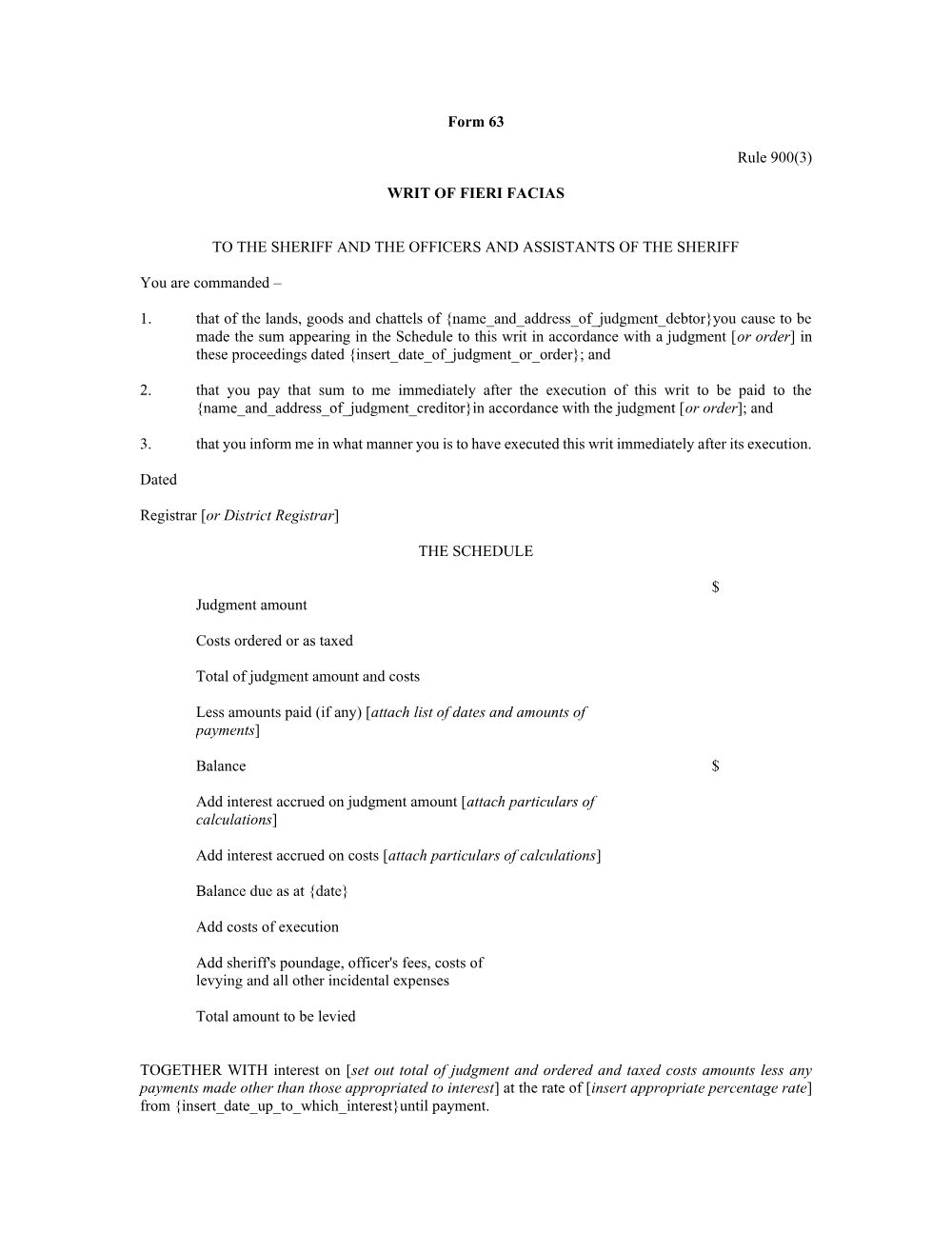 Preview of the first page of Writ of fieri facias (Rule 900(3)) (Form 63)
