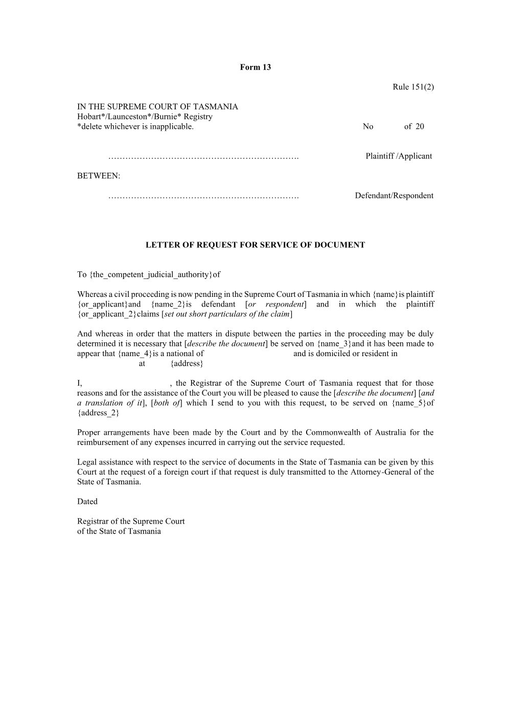 Preview of the first page of Letter of request for service of document (Rule 151(2)) (Form 13)