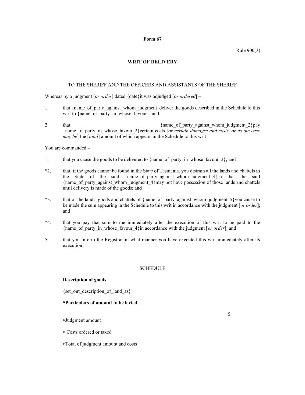 Preview of the first page of Writ of delivery (Rule 900(3)) (Form 67)