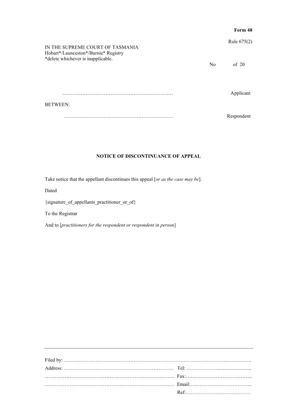 Preview of the first page of Notice of discontinuance of appeal (Rule 675(2)) (Form 48)