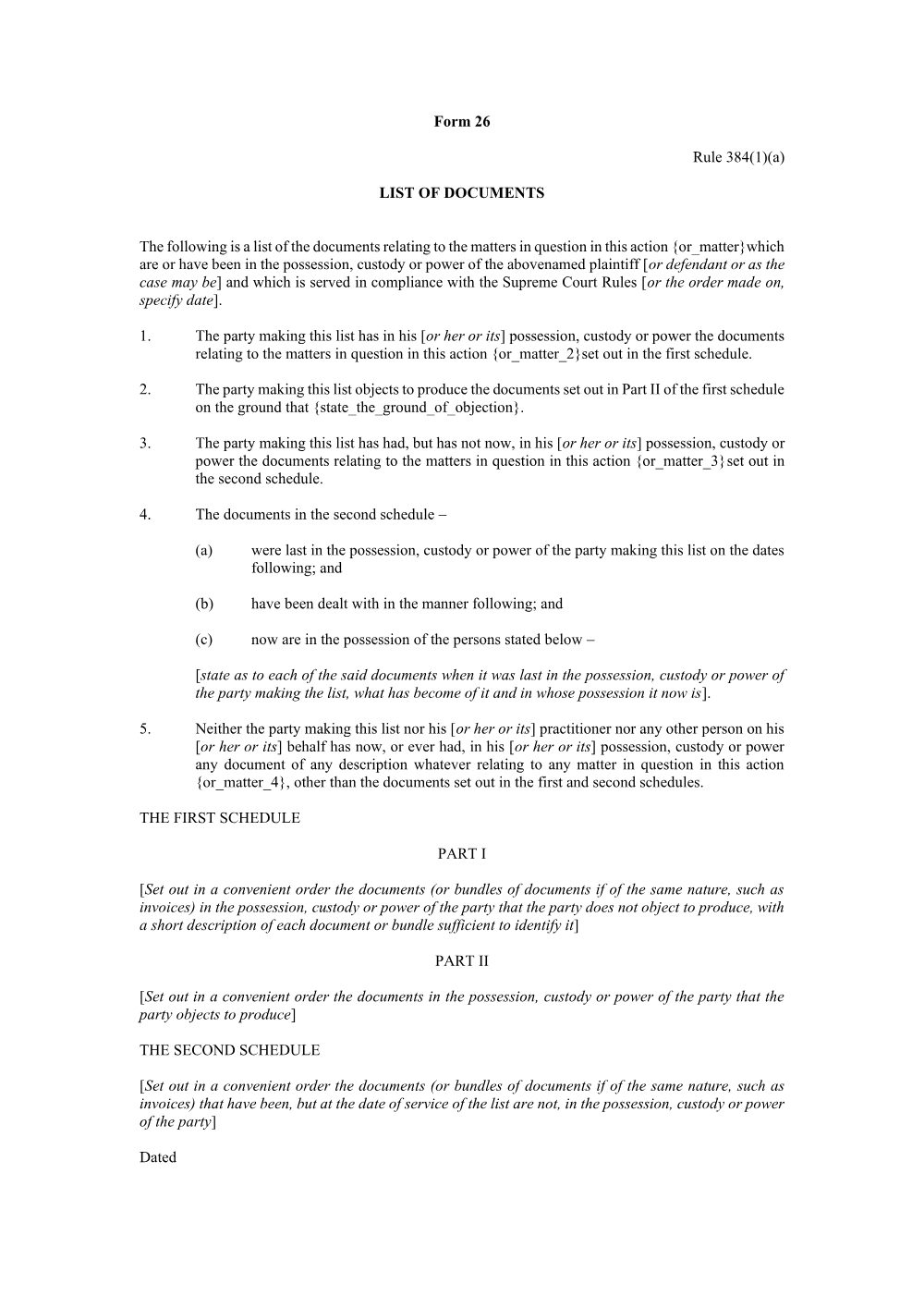 Preview of the first page of List of documents (Rule 384(1)(a)) (Form 26)