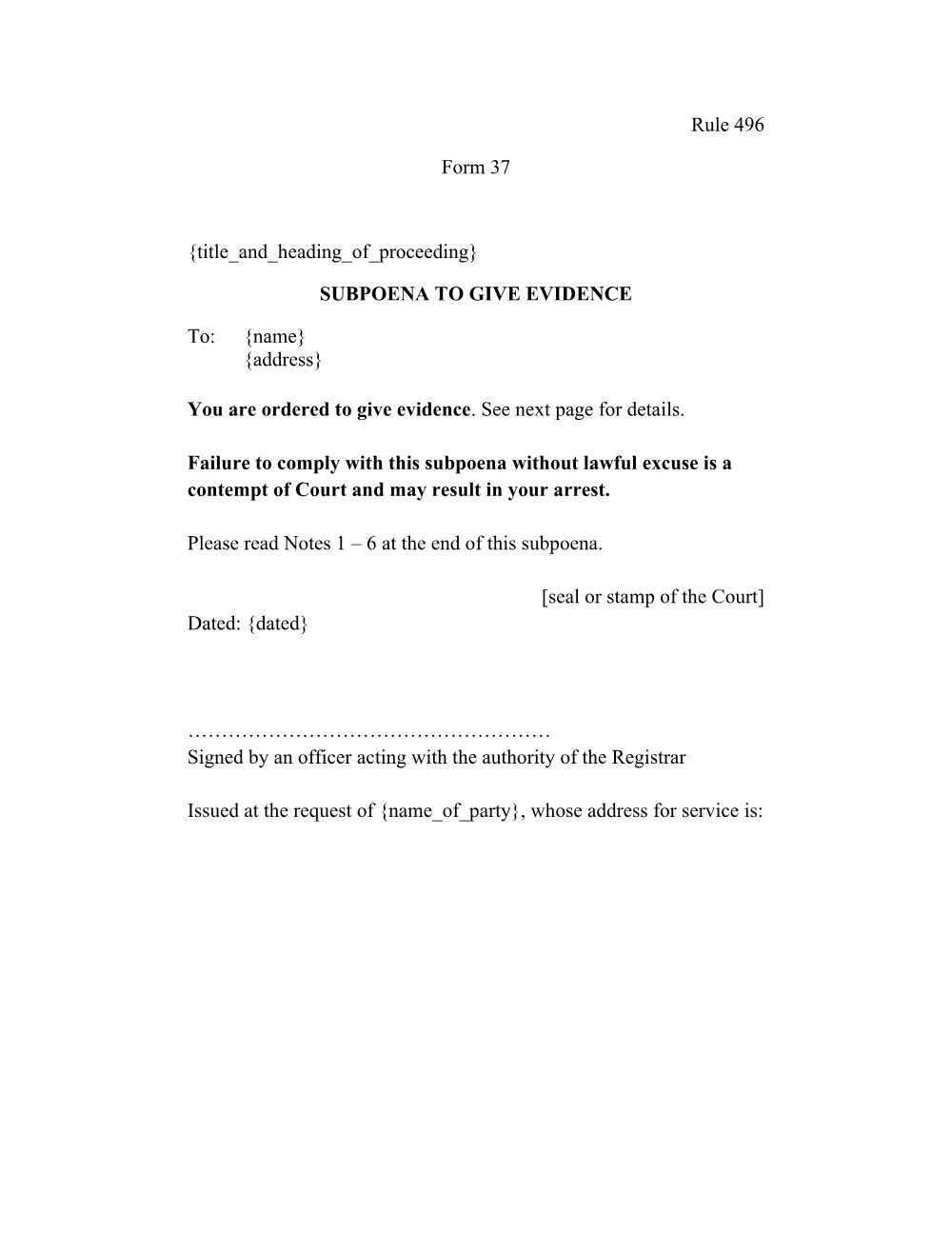 Preview of the first page of Subpoena to give evidence (Form 37)
