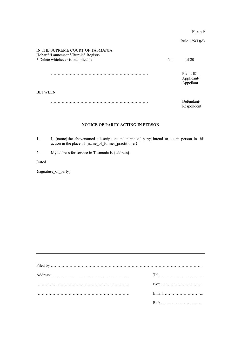 Preview of the first page of Notice of party acting in person (Rule 129(1)(d)) (Form 9)