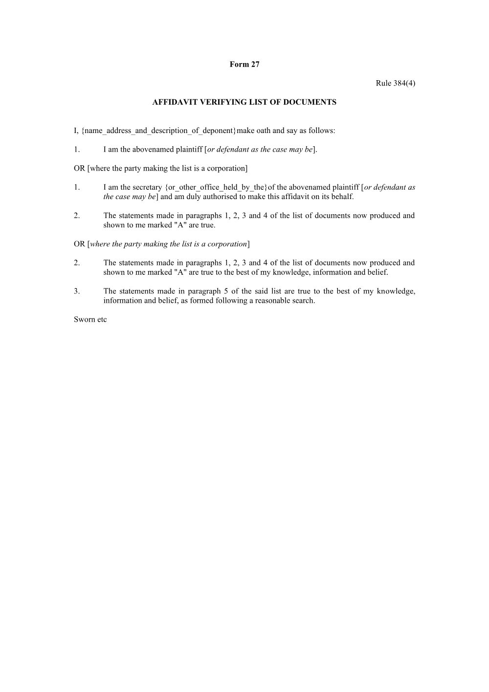 Preview of the first page of Affidavit verifying list of documents (amended by SR 2012 No 92) (Rule 384(4)) (Form 27)