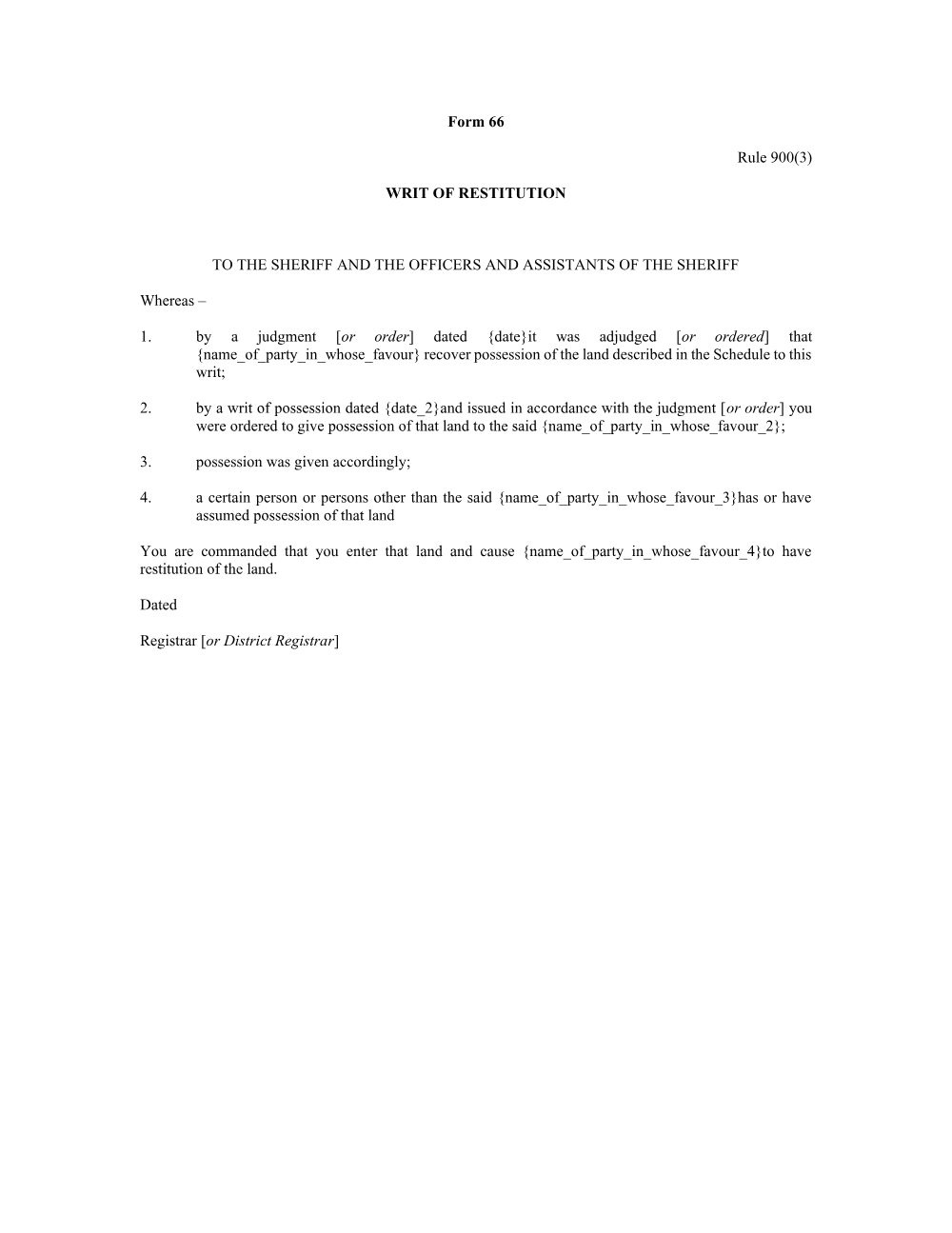 Preview of the first page of Writ of restitution (Rule 900(3)) (Form 66)
