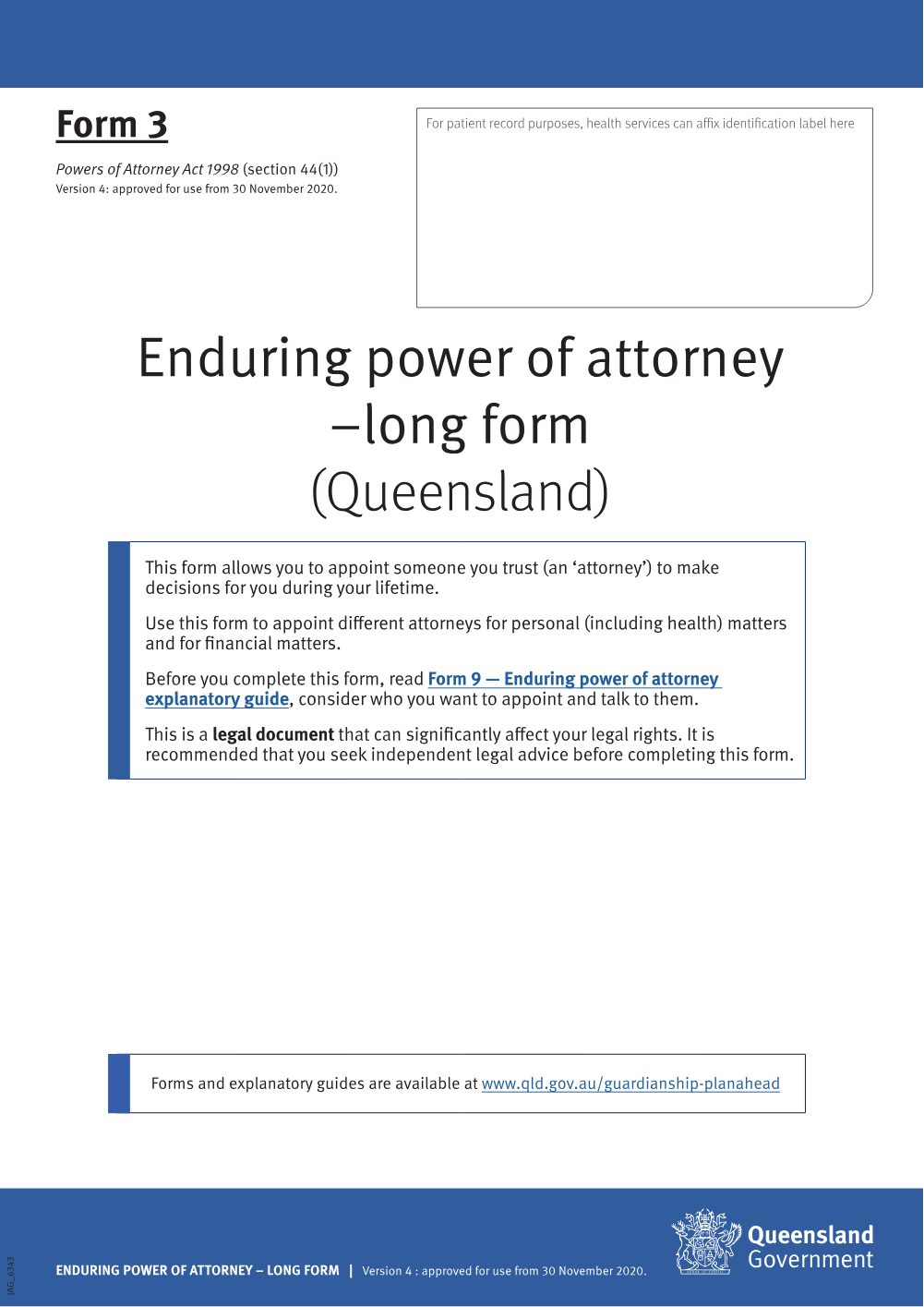 Preview of the first page of Enduring power of attorney - long form (Form 3)