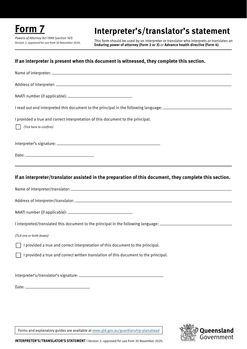 Preview of the first page of Interpreter's/translator's statement (Form 7)
