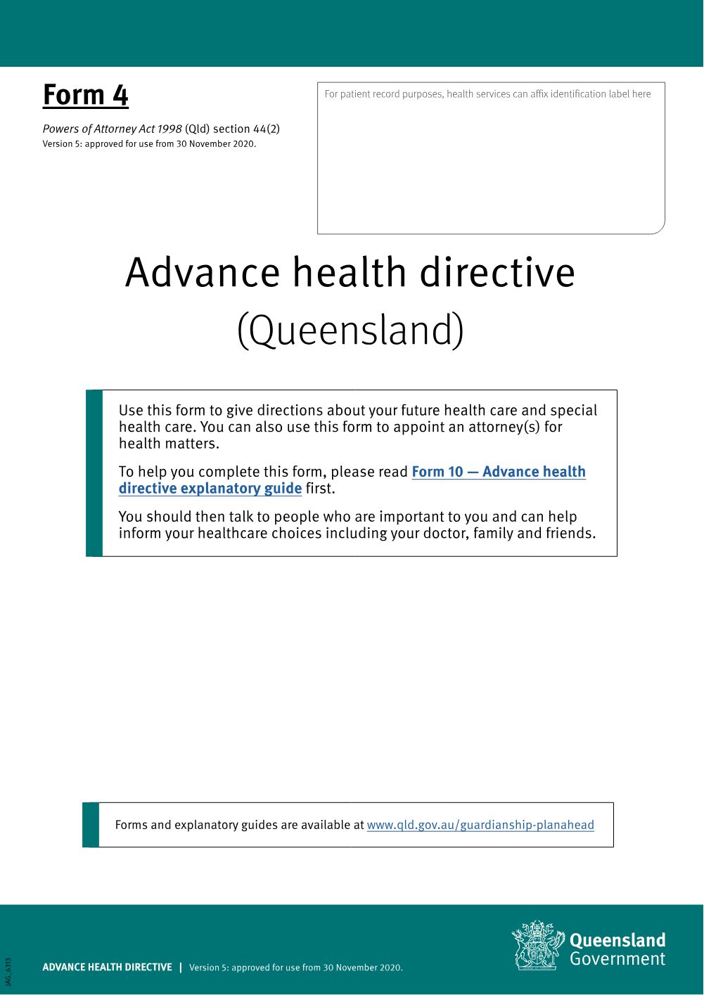 Preview of the first page of Advance health directive (Form 4)