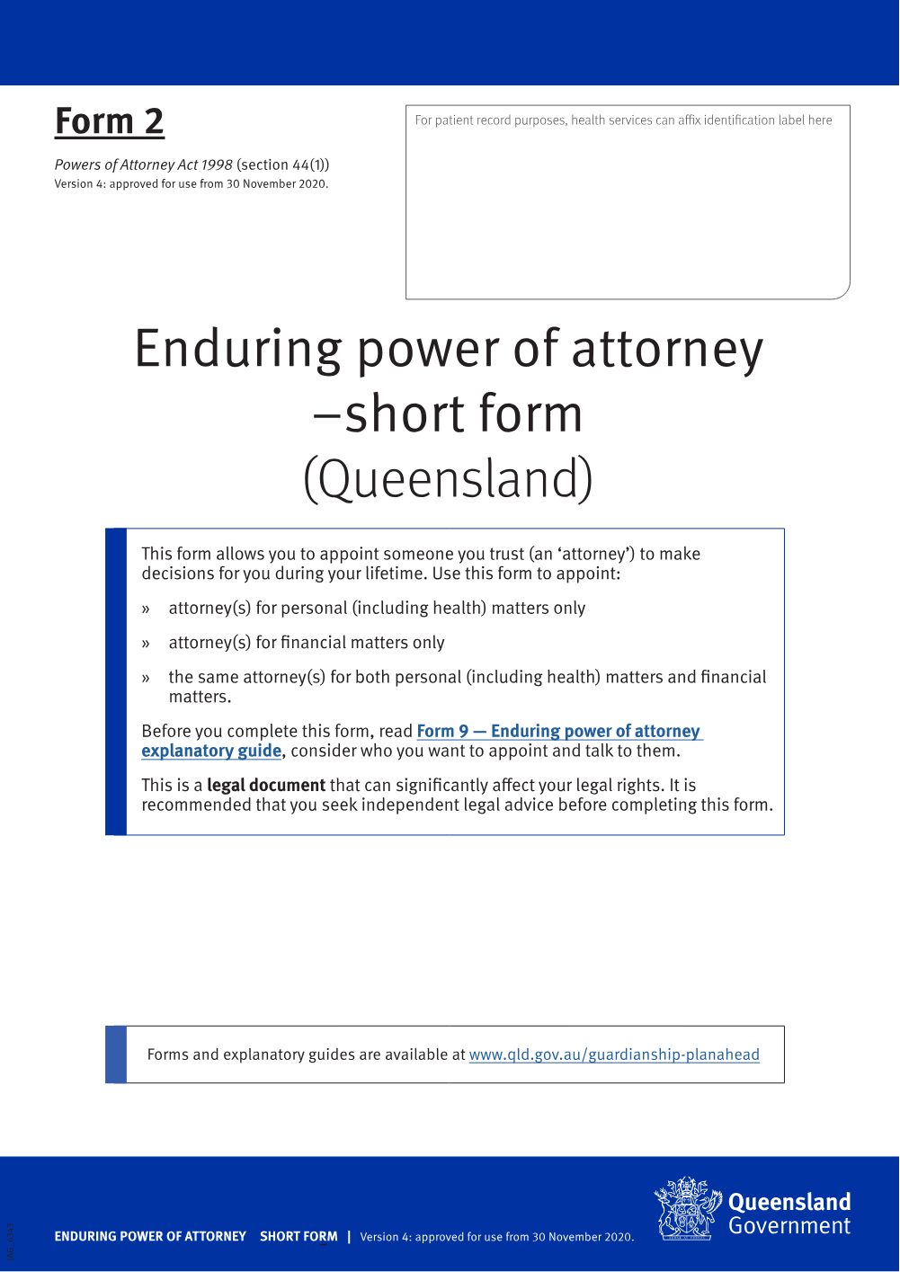 Preview of the first page of Enduring power of attorney - short form (Form 2)
