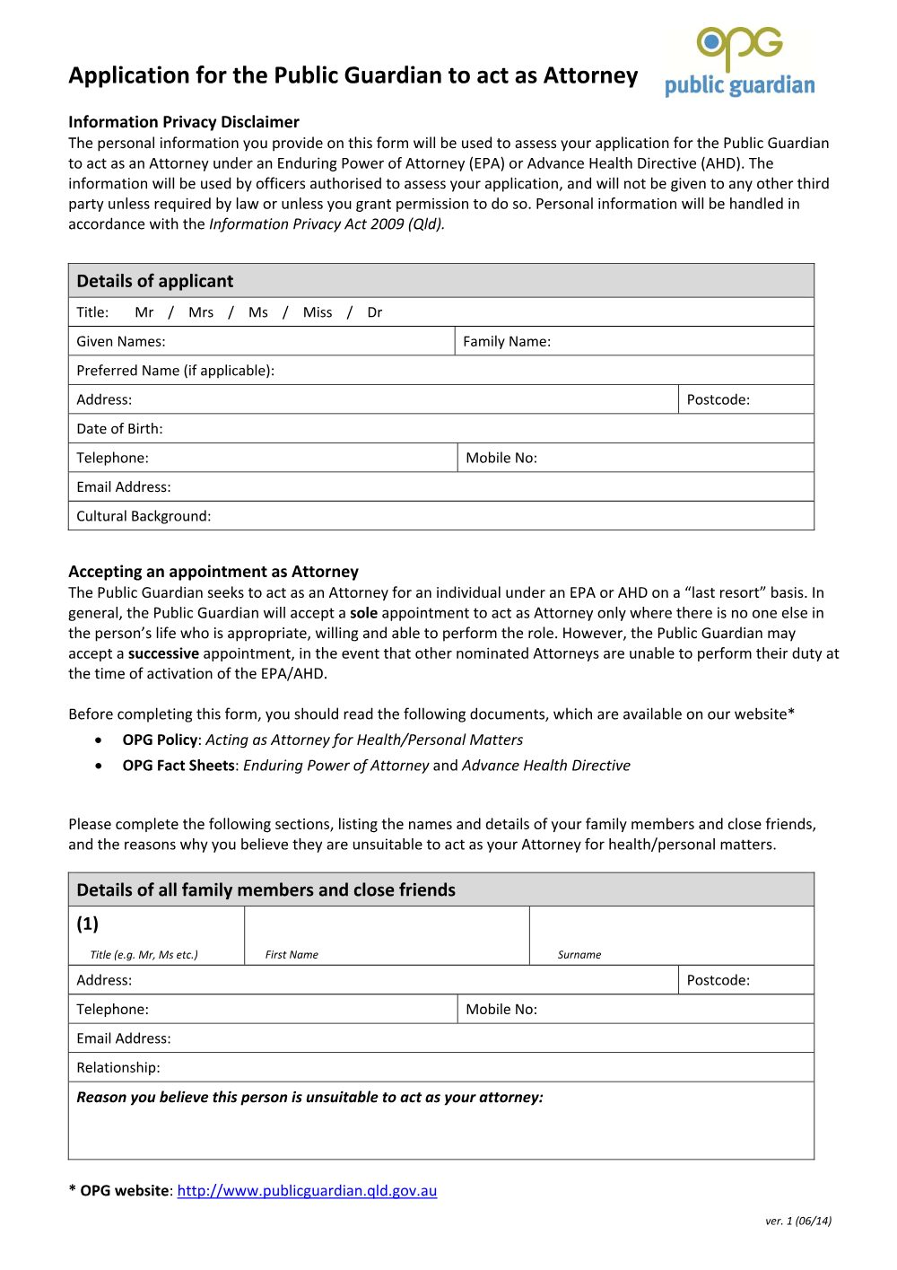 Preview of the first page of Application for the Public Guardian to act as attorney