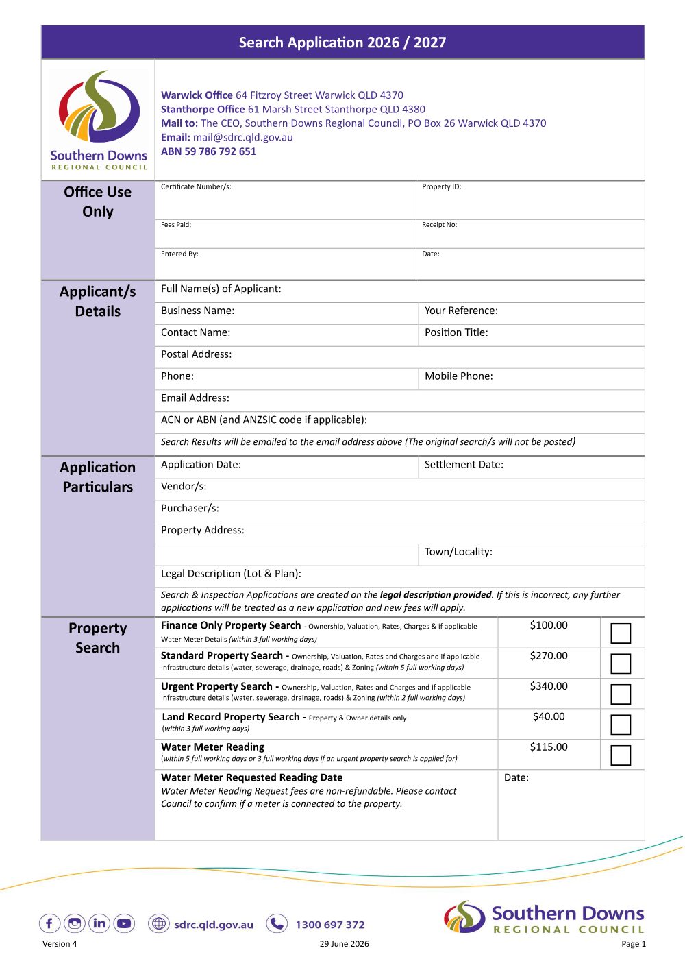 Preview of the first page of Property Search Application 2026/2027