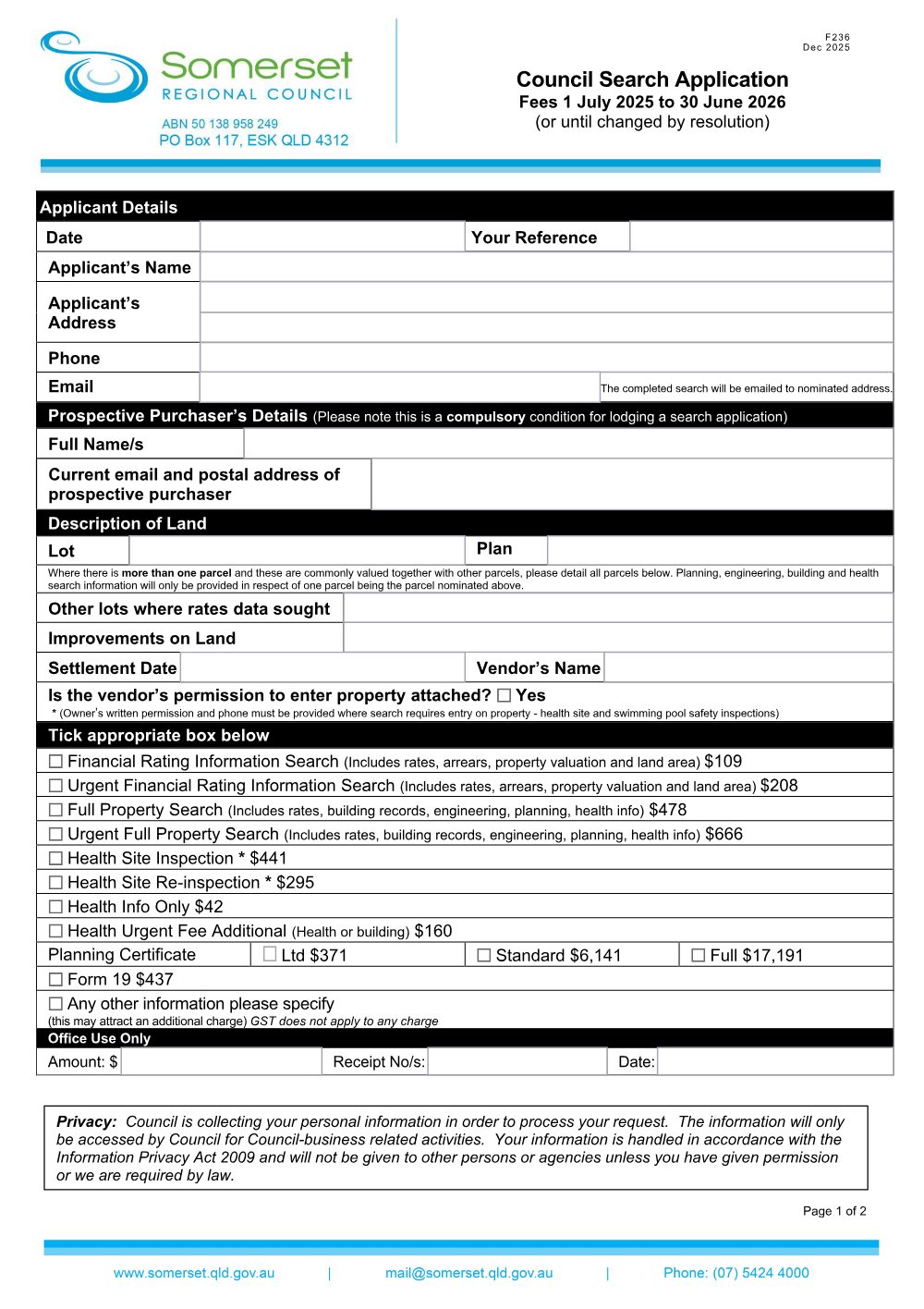 Preview of the first page of Council Search Application (F236)