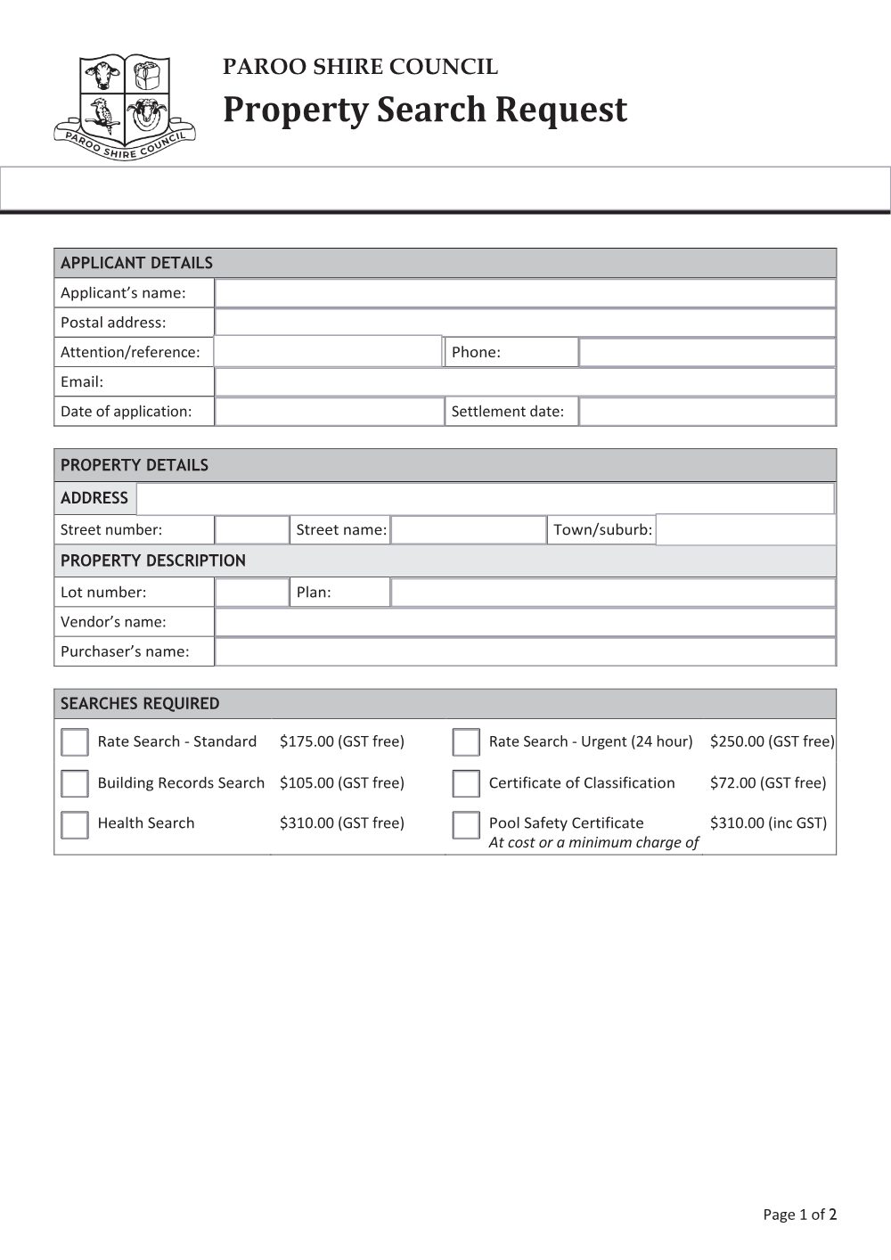 Preview of the first page of Property Search Request
