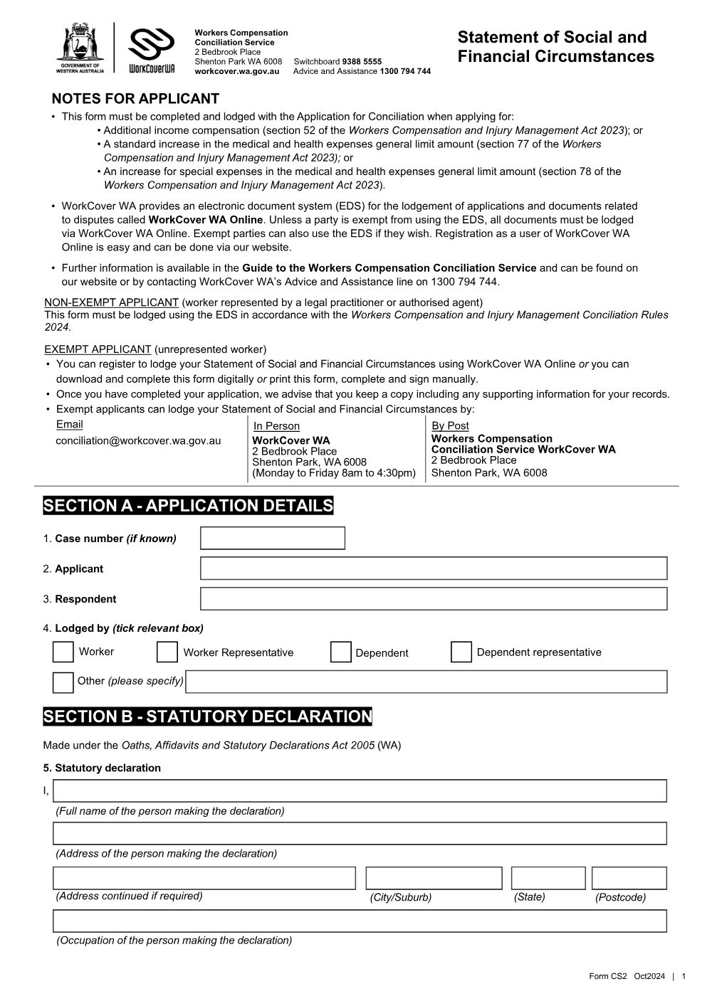 Preview of the first page of Statement of Social and Financial Circumstances (Form CS2)