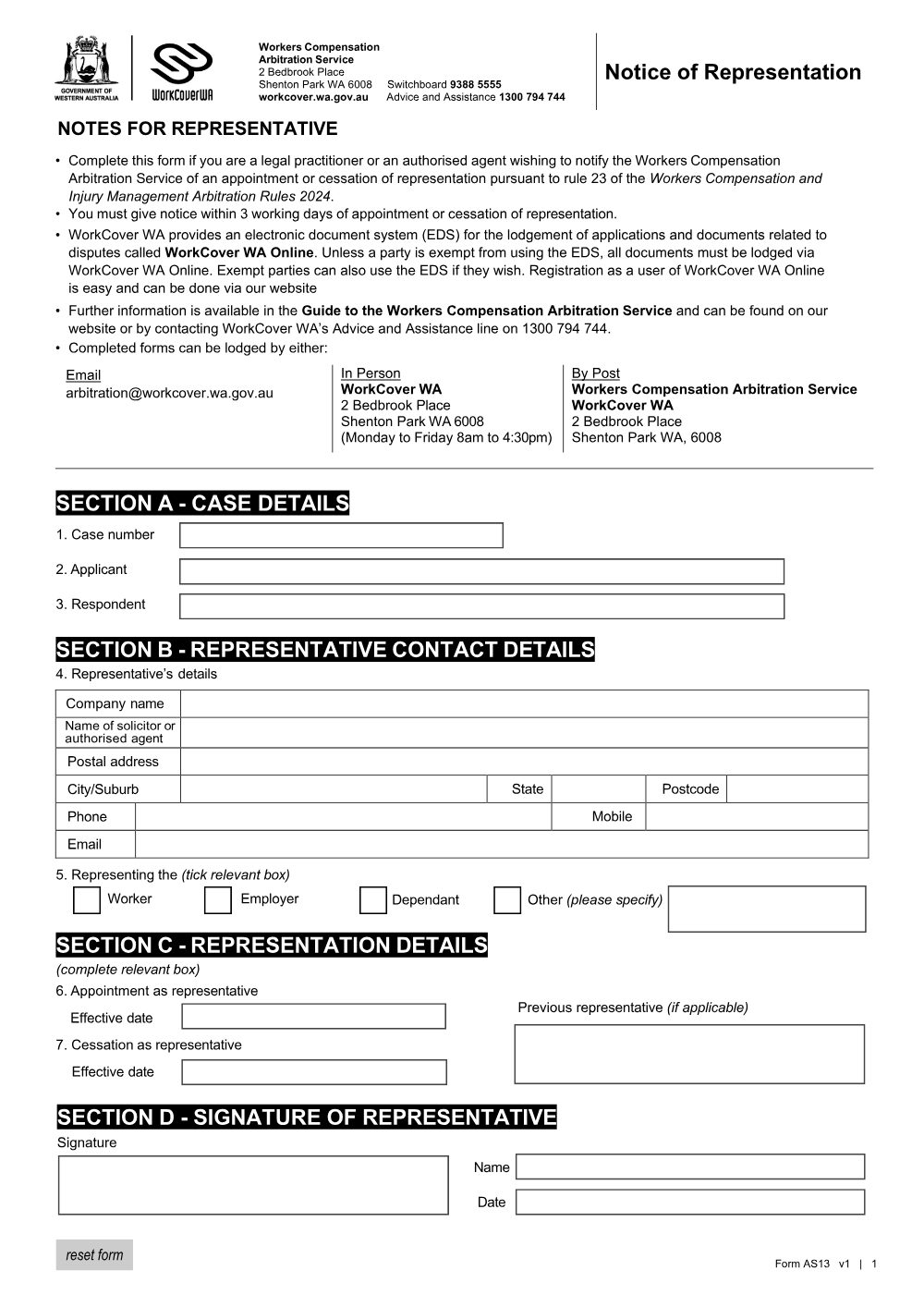 Preview of the first page of Notice of Representation (Form AS13)