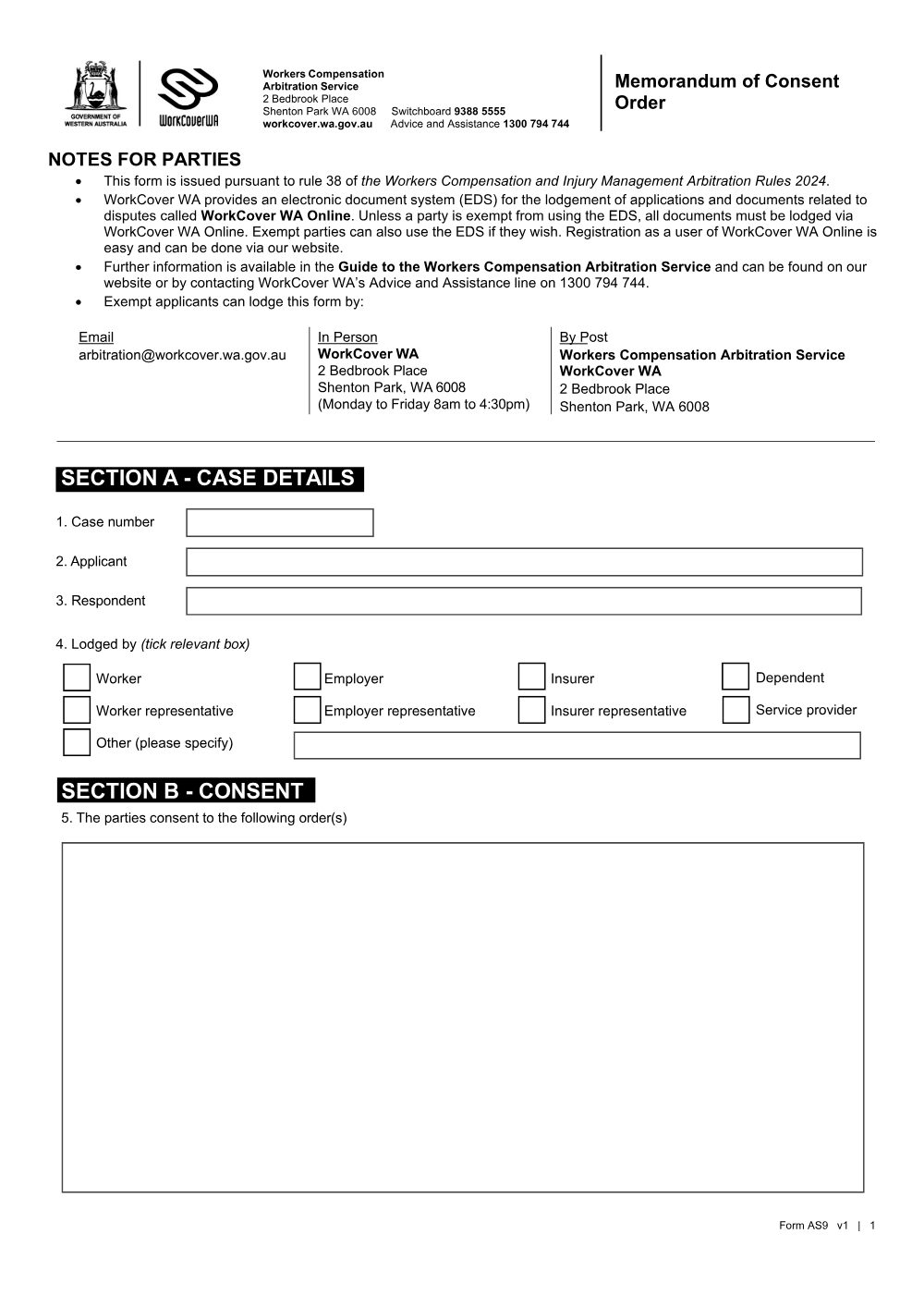 Preview of the first page of Memorandum of Consent Order (Form AS9)