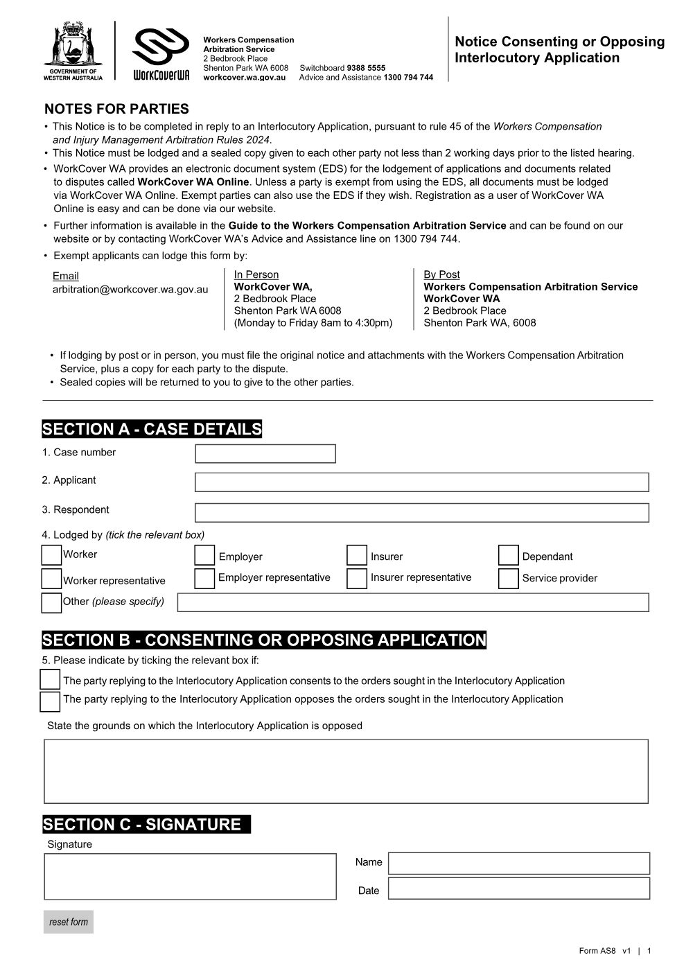 Preview of the first page of Notice Consenting or Opposing Interlocutory Application (Form AS8)